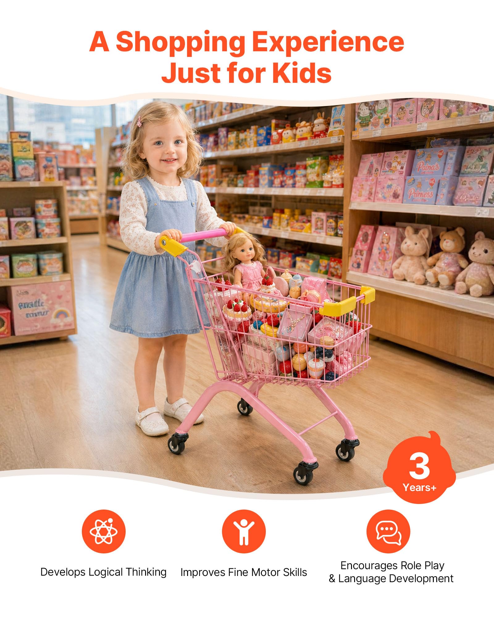 VEVOR Einkaufswagen für Kinder, Einkaufswagen Supermarkt Spielzeug mit Stahlrahmen 4 Rädern & Dichtem Netzkorb, Faltbares Kaufladenzubehör mit 30kg Belastbarkeit, Kaufmannsladen Spiele für Kinder ab 3