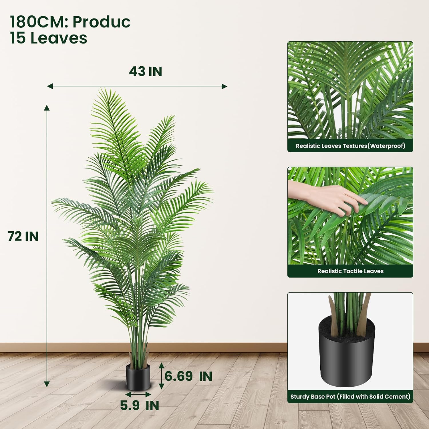 ANTING Artificial Areca Palm Plant Faux Tropical Tree 6.2FT, Fake Palm Tree Indoor Decor with 15Trunks for Home Office Garden Hotel Decor Gift
