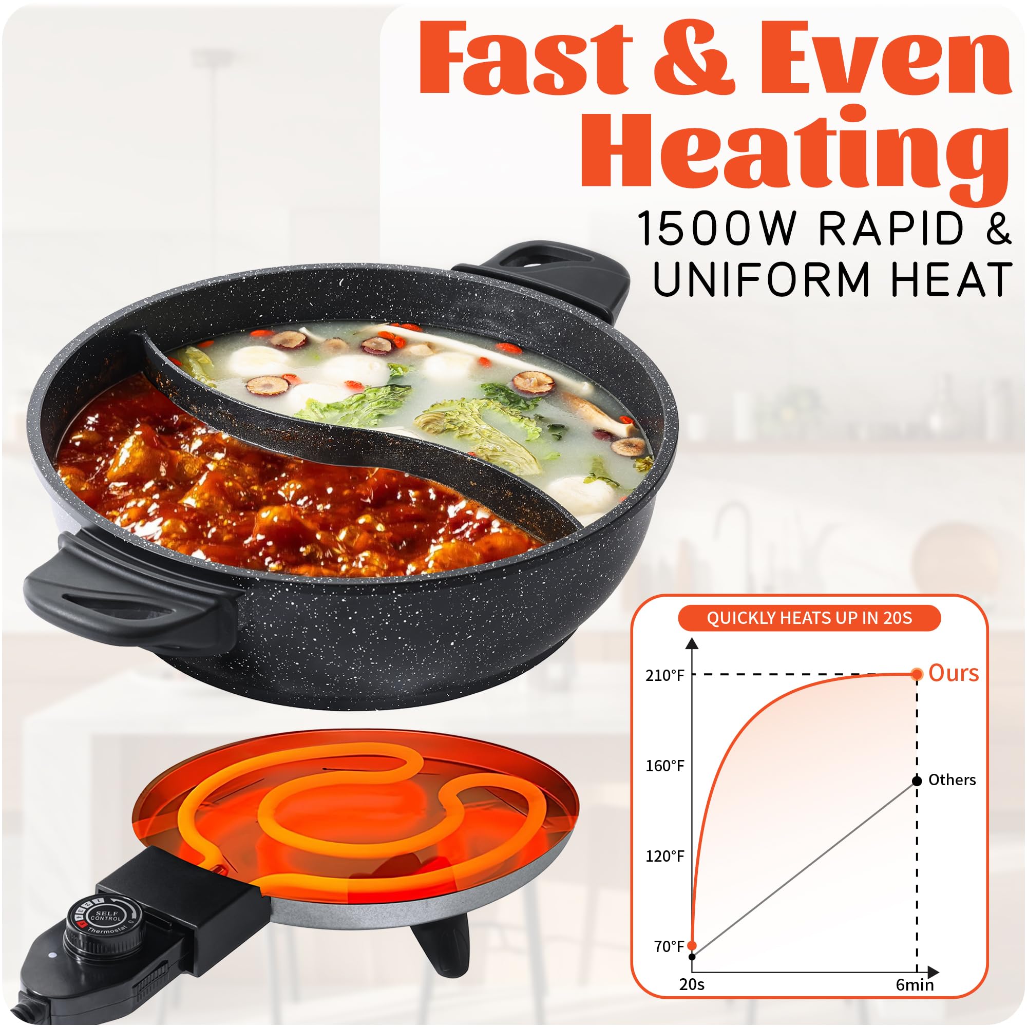Olla eléctrica de 4L con divisor – Olla Shabu Shabu Shabu de doble sabor con función de olla de cocción lenta, 1500 W, ideal para comidas familiares y reuniones sociales, color negro 2