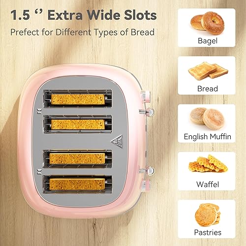 Miniatura 2 de Tostadora de 4 rebanadas, acero inoxidable retro con 6 ajustes de sombra de pan, tostadora de ranuras de 1.5 pulgadas de ancho con funciones de