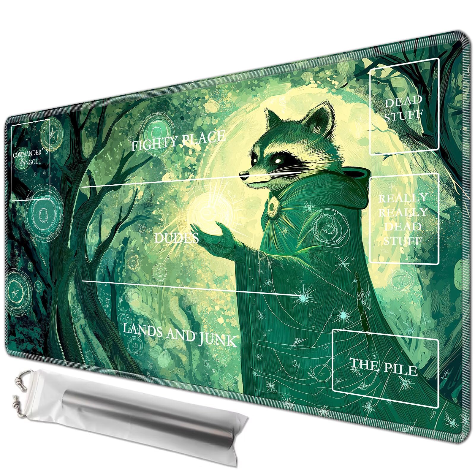 JANENFNA Playmat 24" x 14" with Magic Zones for MTG Card Game Playing, Board Game Mat for Card Breaking Commander Deck Gaming Card Game Battles Mat with Storage Bags, Raccoon Sorcerer