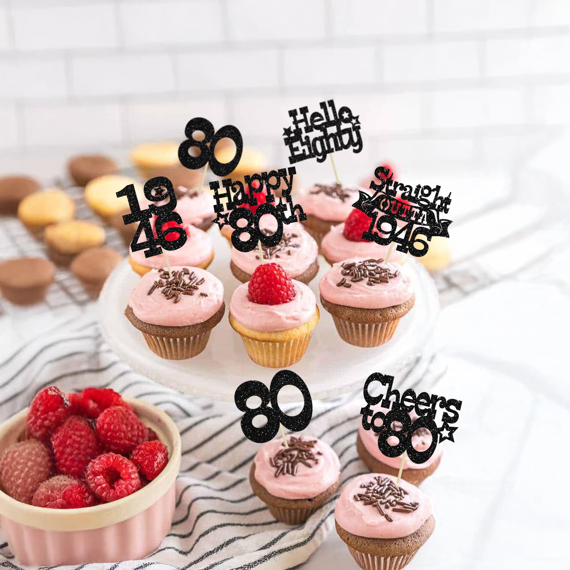 Ephlyn 30Pcs Straight Outta 1946 Cupcake Toppers Glitter Eighty Happy 80th Birthday Cupcake Picks Cheers to 80 Years Cake Decorations for Happy 80th Birthday Anniversary Party Supplies Black - Image 5