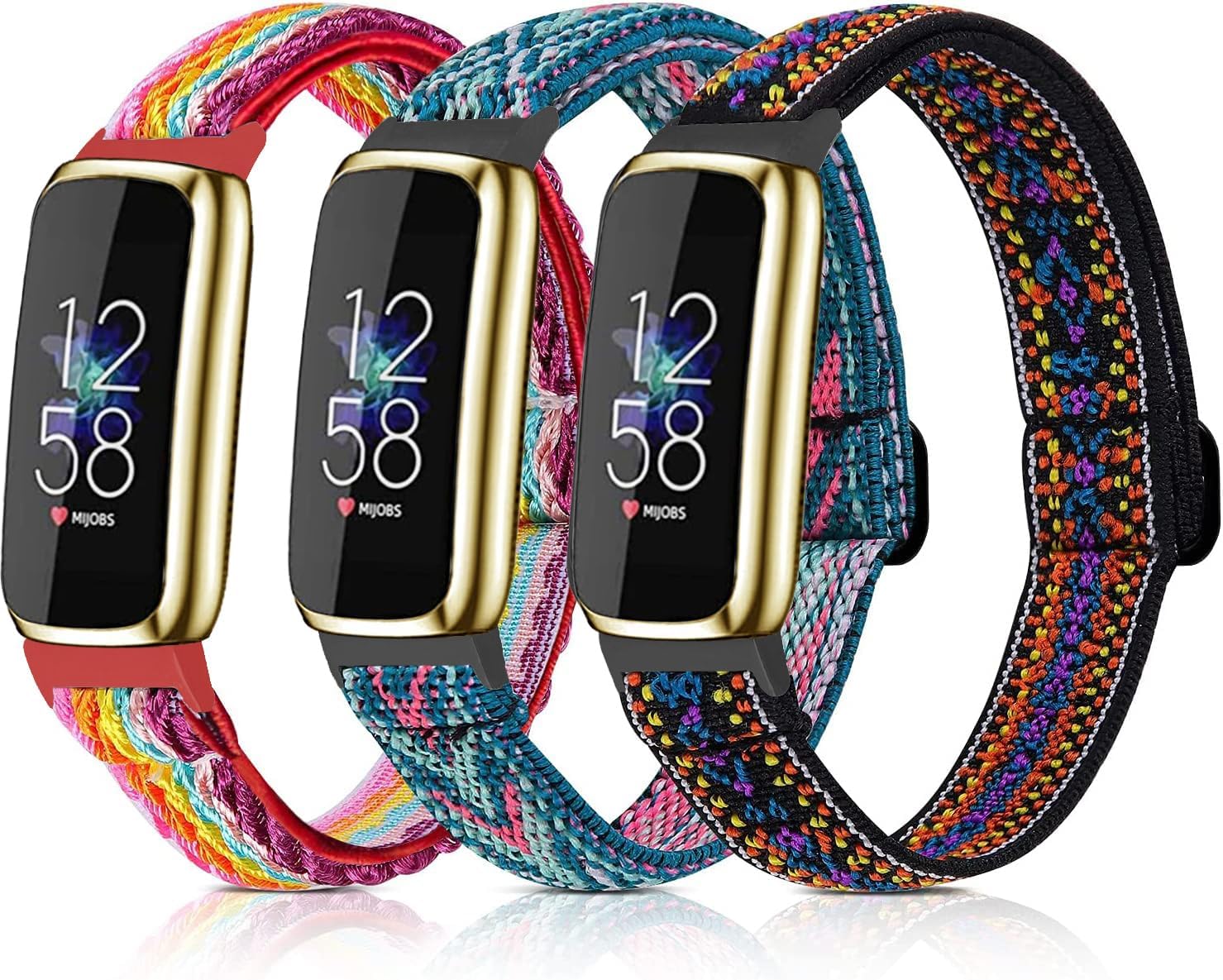 3 Pack Adjustable Elastic Bands & Lace Silicone Bands Compatible with Fitbit Luxe, Nylon Stretchy Sport Bands, Replacement Soft Breathable Fabric Straps & Slim Silicone Wristbands for Fitbit image 2