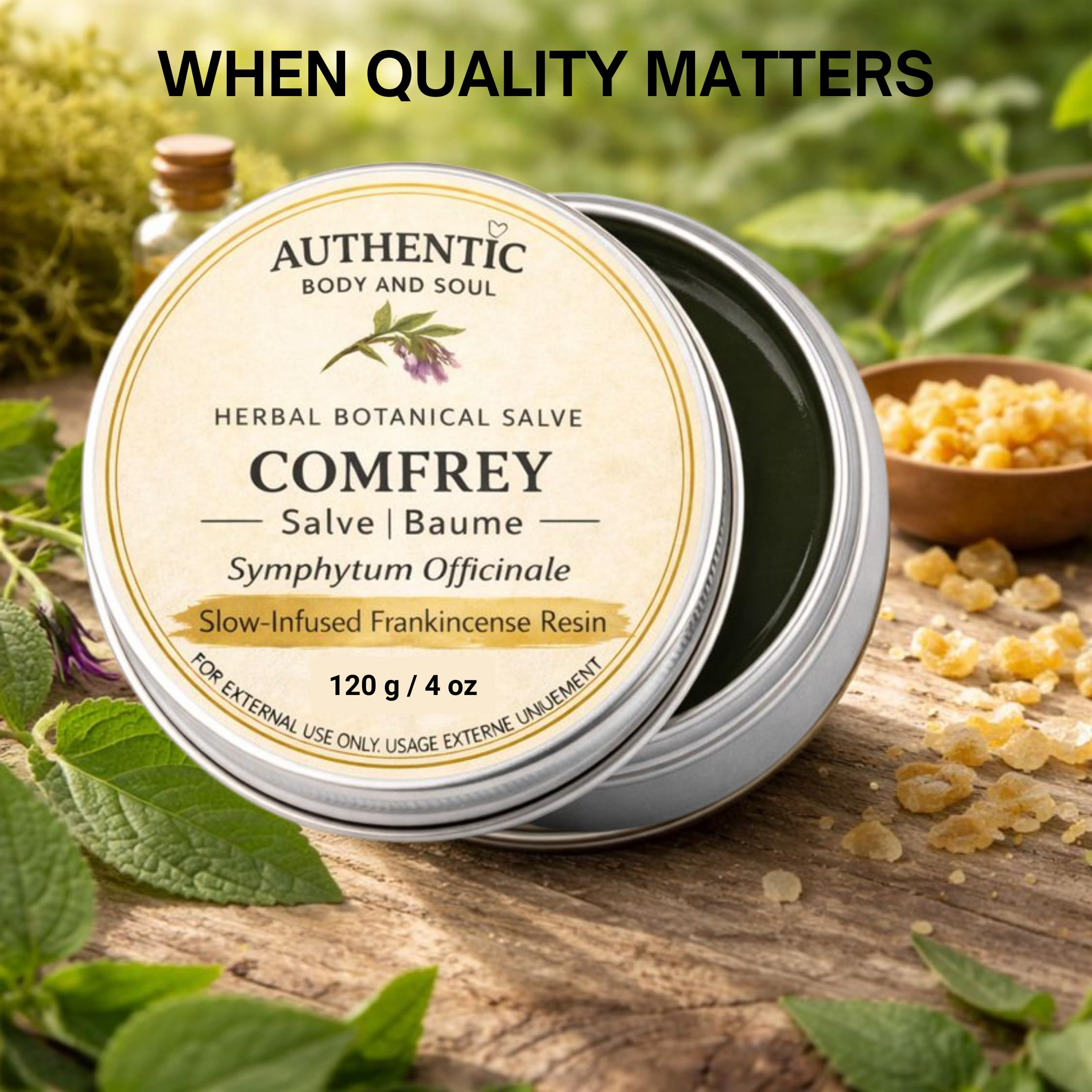 Comfrey Salve, Comfrey Leaf & Root Oil Balm, Melissa, Jojoba, Castor Oil & Infused Frankincense Resin | Alberta Organic Unrefined Beeswax, Herbal Botanicals | 4 oz, by Authentic Body And Soul - 5