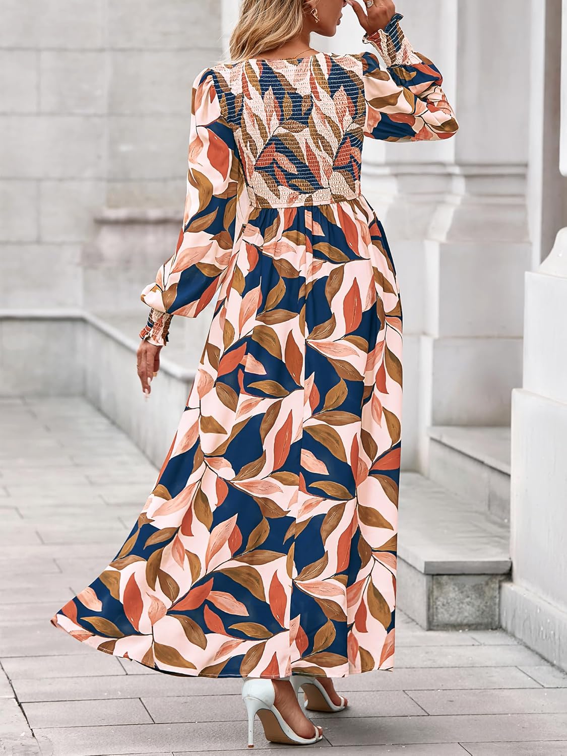 BTFBM Women Spring Wedding Guest Maxi Dresses 2026 Floral V Neck Long Sleeve Boho Long Dress Vacation - Image 3