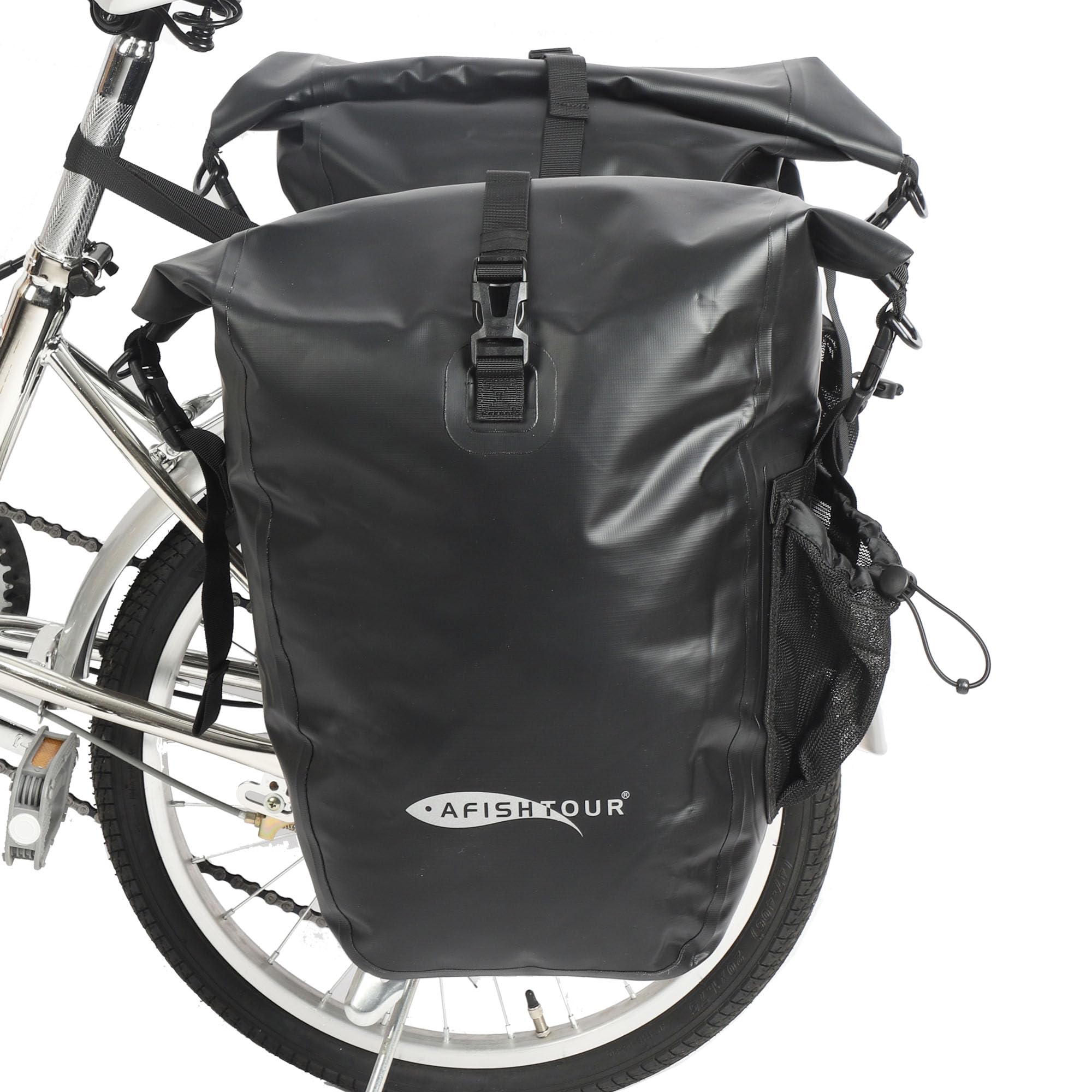 AFISHTOUR Waterproof Bike Panniers - 50L Saddle Bags for Bicycles Rear Rack - Bike Bag for Grocery, Laptop (Black, 1 Pair)