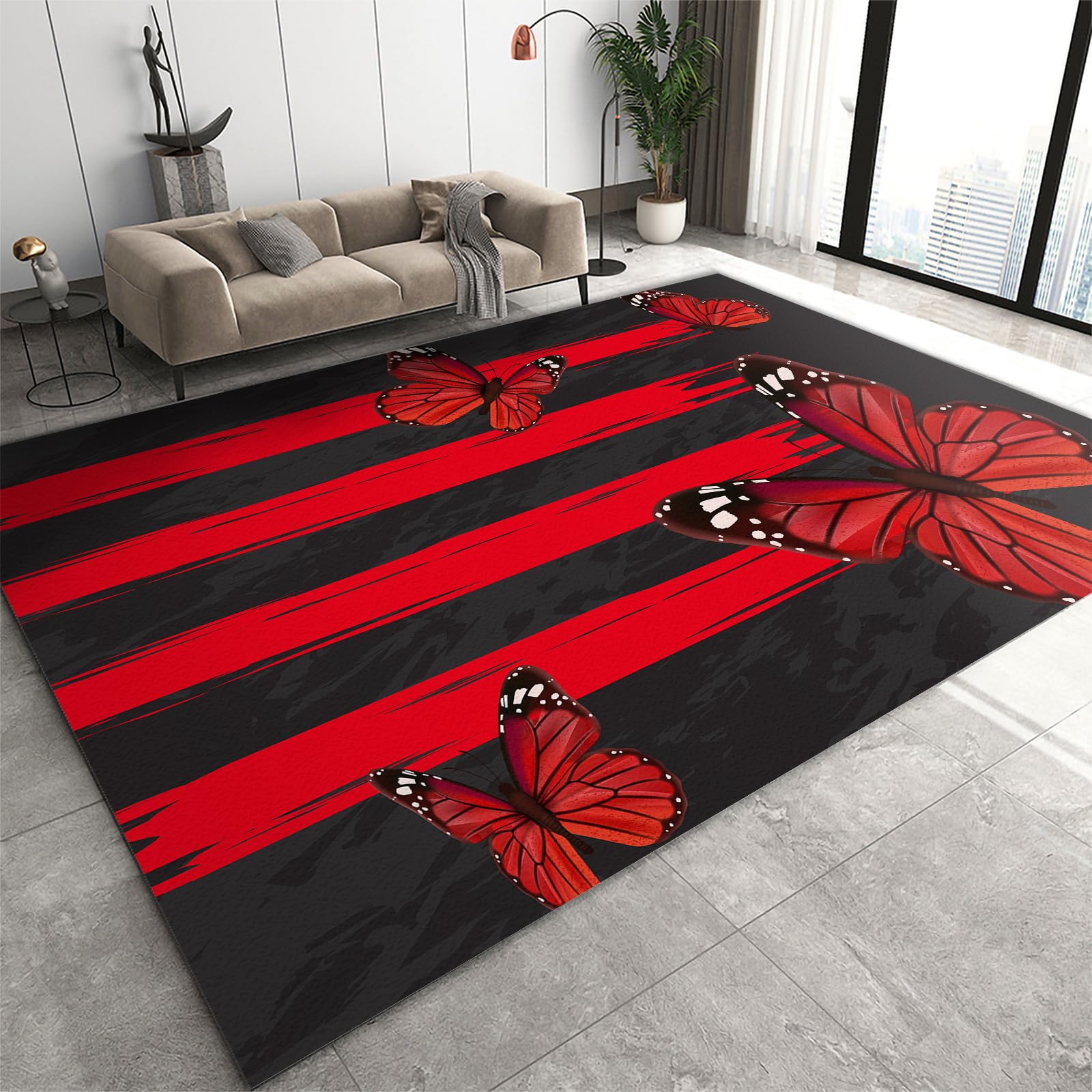 Area Rug 160x230cm Floor Cover Carpet Rug, Cool Black and Red Butterfly Stripe Print, Rug Pad Throw Rug Machine Washable Non Slip Low Pile Easy Care Pet Friendly for High-Traffic Hardwood Floors