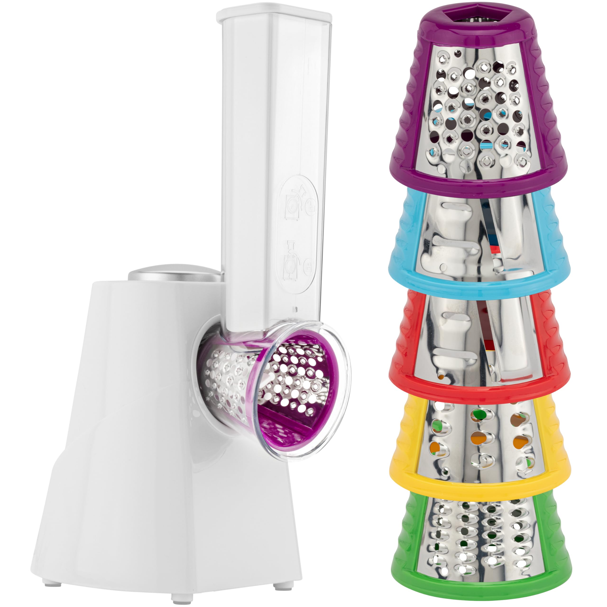 Clatronic ME 3604, Multi-Express, pour couper, râper et émincer | Éminceur électrique | Coupe-légumes | Râpe à légumes | 5 ustensiles y compris râpes | Grande ouverture de remplissage | 200W | Blanc