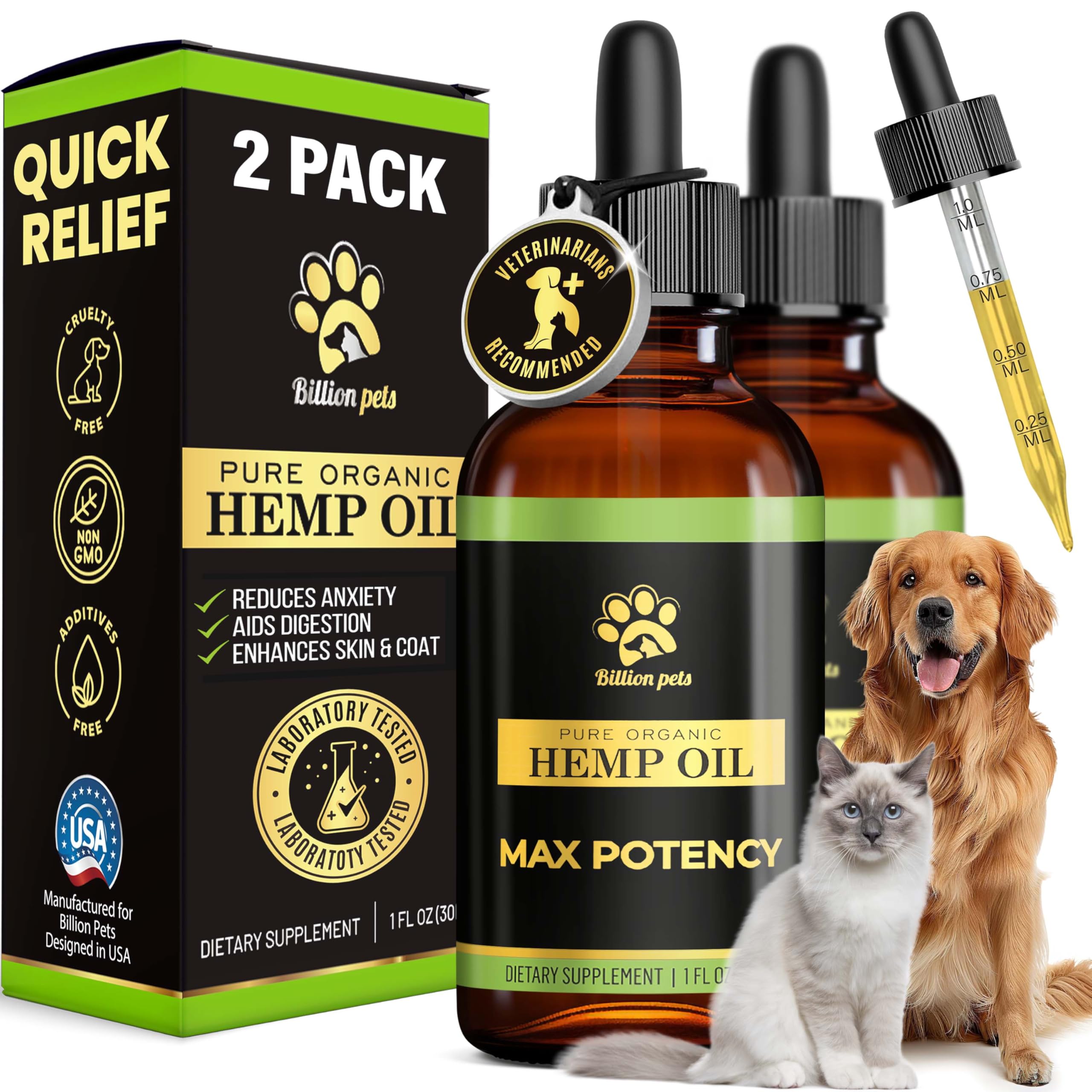 Billion Pets - Hemp Oil for Dogs and Cats - Helps with Anxiety, Pain, Stress, Sleep, Arthritis, Seizures Relief - Hip and Joint Support - Calming Drops