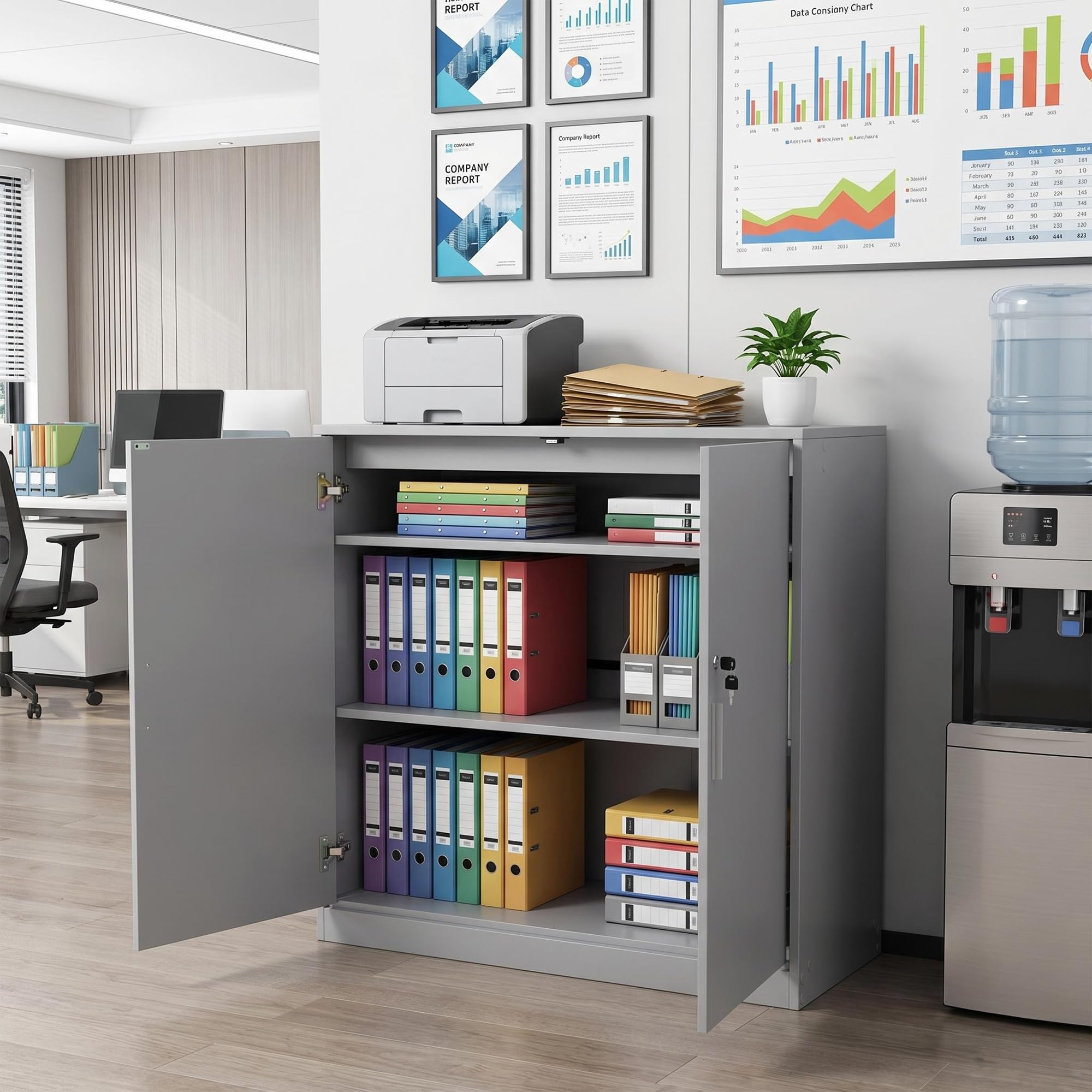 Armadio Ufficio, Schedario da Ufficio Multiuso con Serratura Chiave, Ripiani Regolabile e Due Ante, Armadietto Salvaspazio Mobiletto per Cucina Soggiorno Officina Credenza Stampante,Grigio