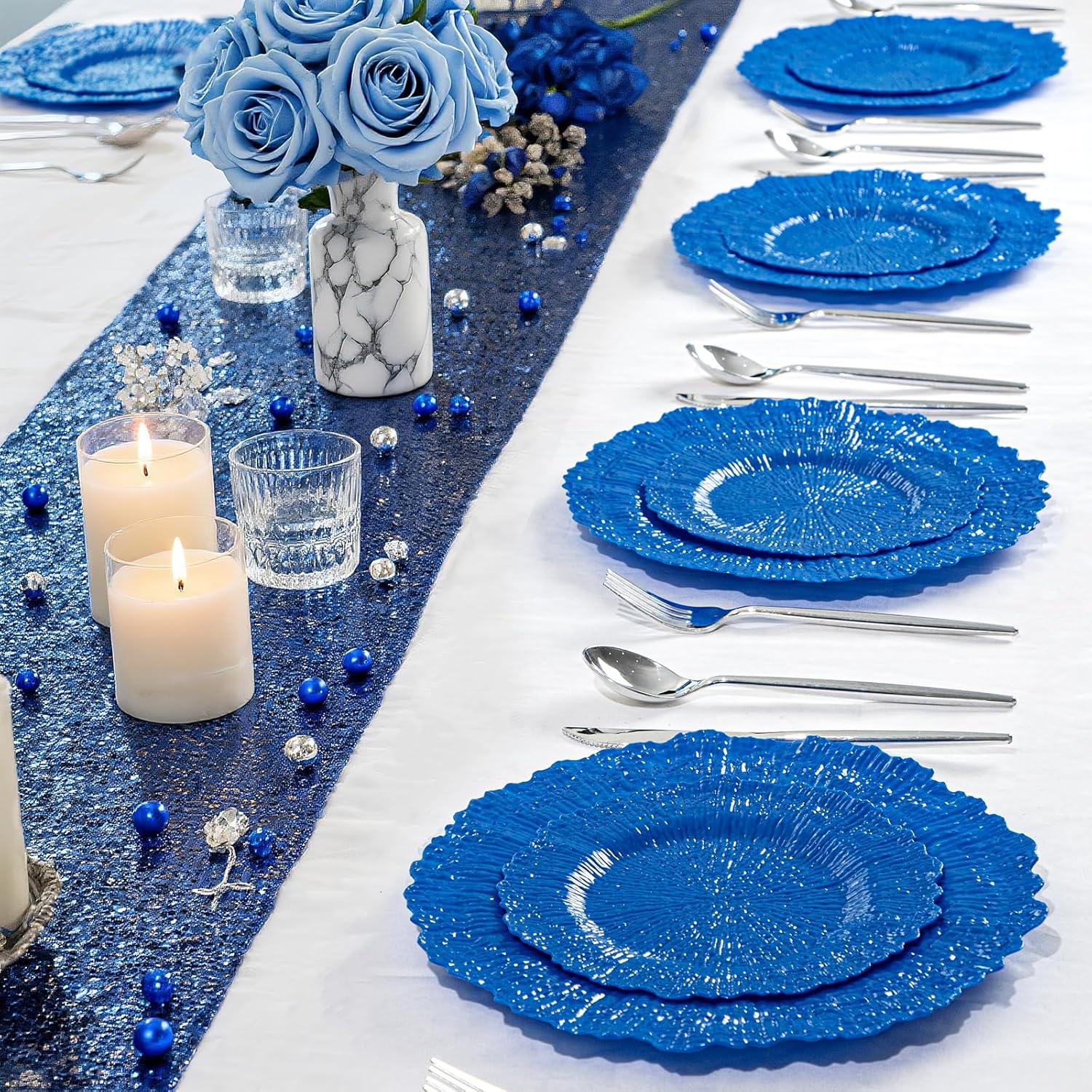 DaYammi 60Pcs Blue Plastic Plates - Sapphire Blue Plates Disposable & Reusable - Heavy Duty Plastic Plates for Party Including 30 Dinner Plate,30 Dessert Plate for Weddings,Dinner