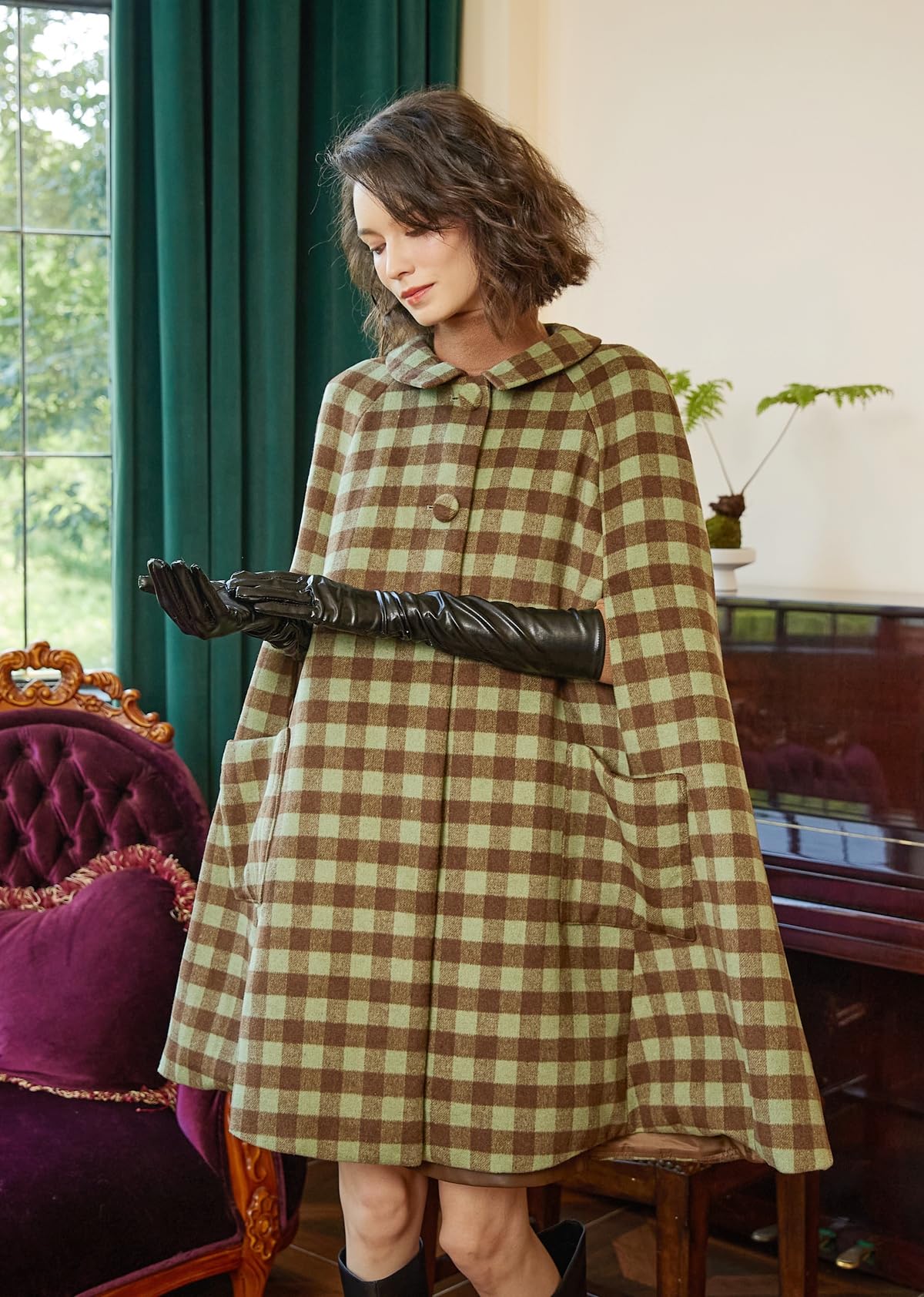BEAUTELICATE Umhang Poncho Damen Wollmischung Umhang Mantel Bubikragen Poncho Cape mit Ärmelnähte Winddicht Leoparde Wintermantel mit Taschen Herbst Winter für Hochzeit Halloween Weihnachten