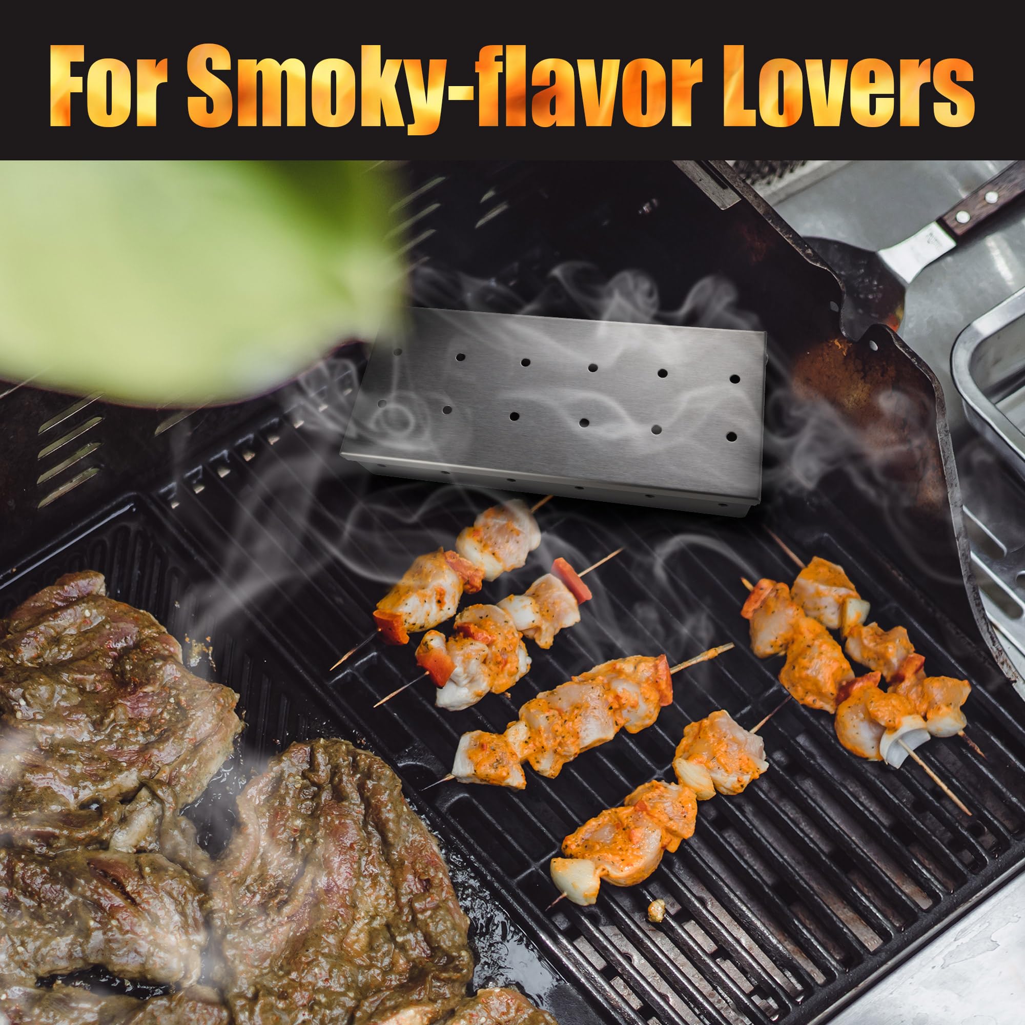 Caja de ahumador de parrilla para asar a gas y todas las parrillas, caja de ahumador de virutas de madera de acero inoxidable más gruesa, caja de ahumar, accesorios para parrilla al aire 6