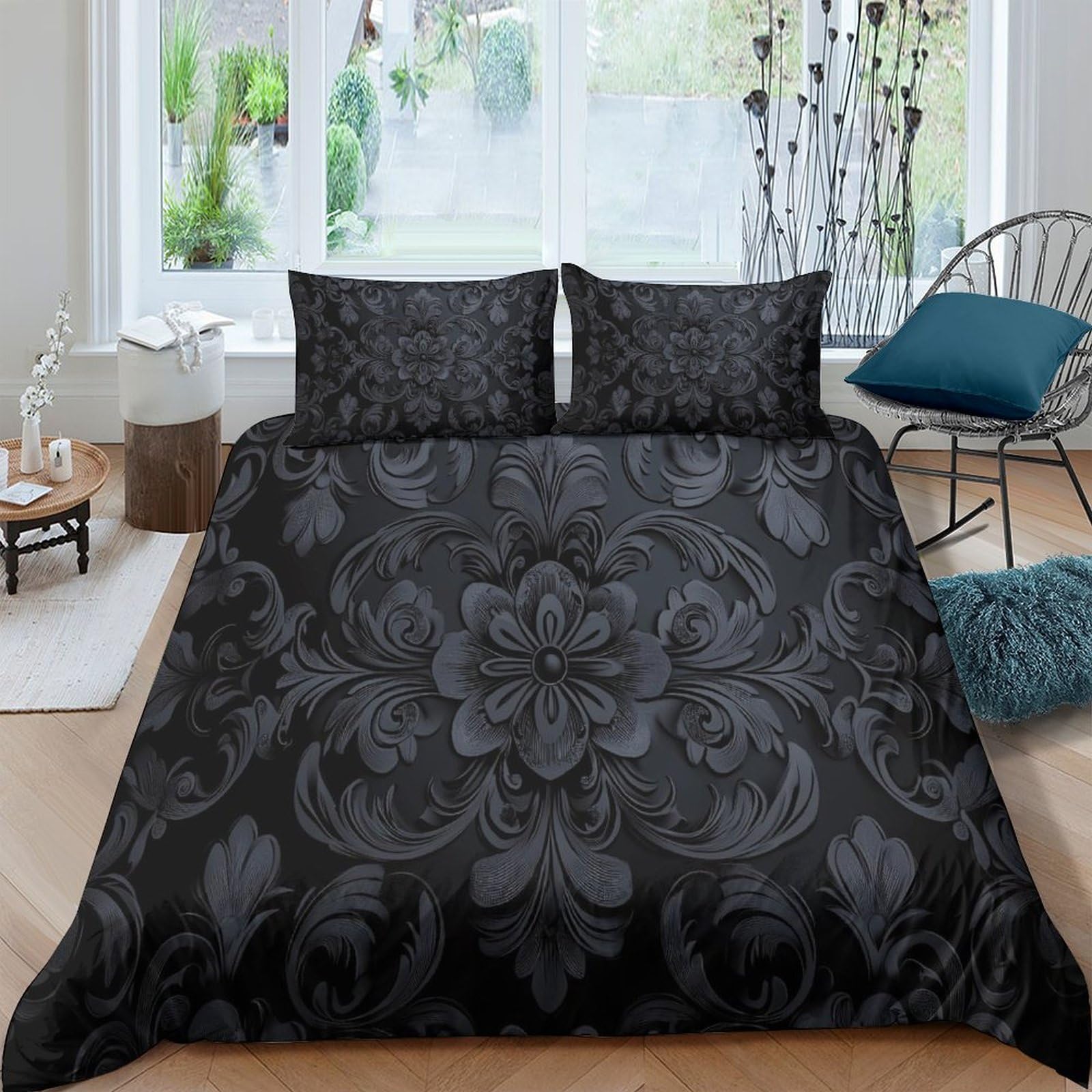 GPLZQXKJNH 3D Printed Black Floral Duvet Cover Microfiber Breathable Damask Bedding Set with 2 Pillowcases for Bedroom Decor Single（135x200cm）