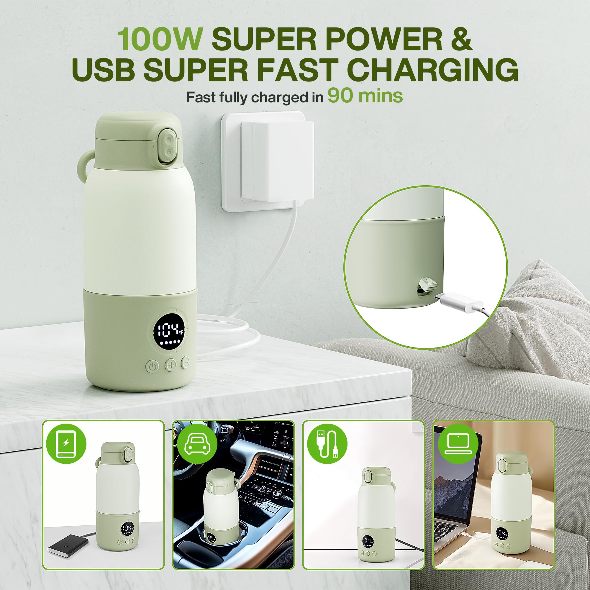Chauffe-biberon portable de voyage avec formule de transport de 400 ml avec chauffage rapide en 2 minutes, indispensable pour les voyages avec bébé et fonction d'entretien