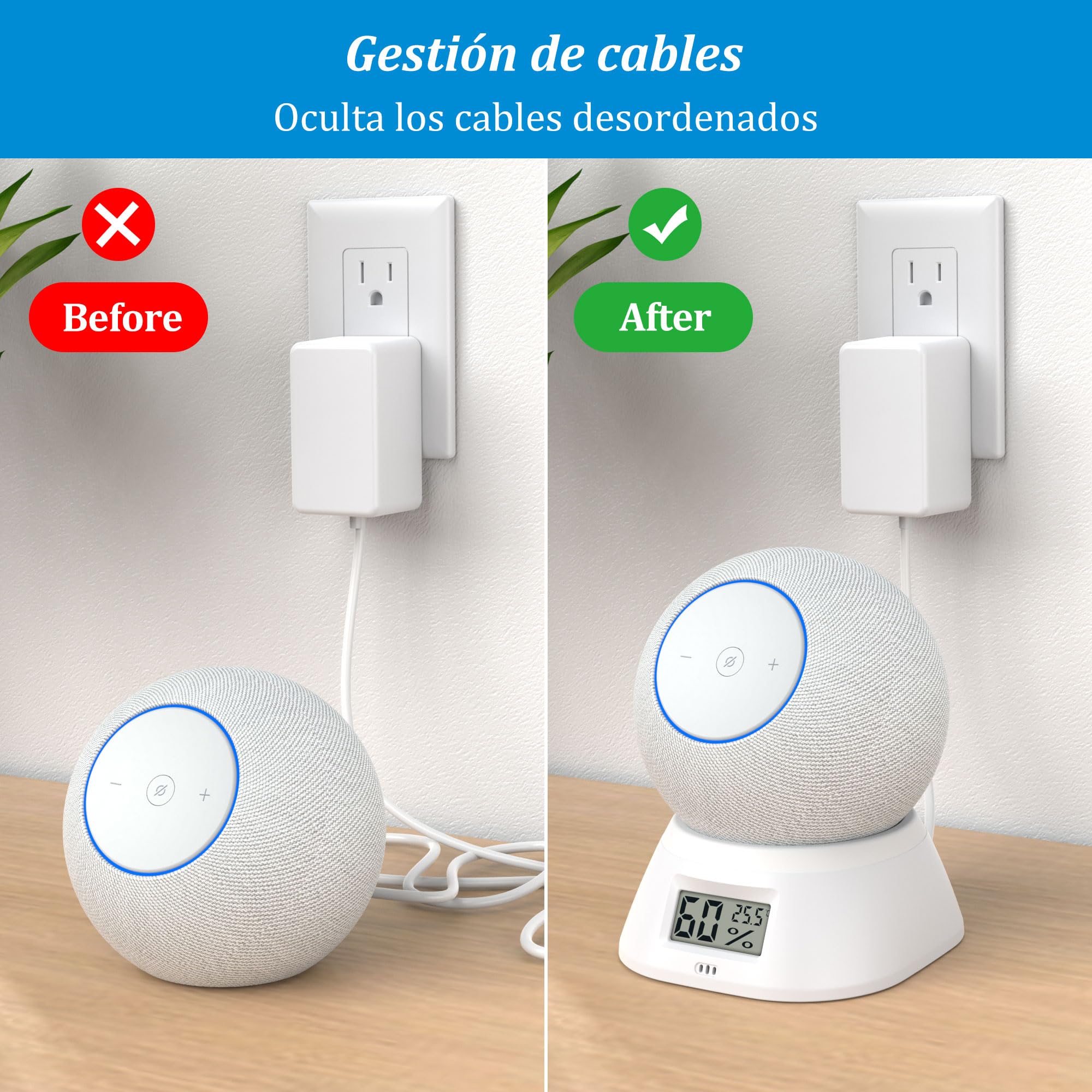PlusAcc Supporto per Dot Max & Dot & Nest Mini – con termometro e igrometro da tavolo con gestione dei cavi integrata per camera da letto, soggiorno, ufficio (bianco)