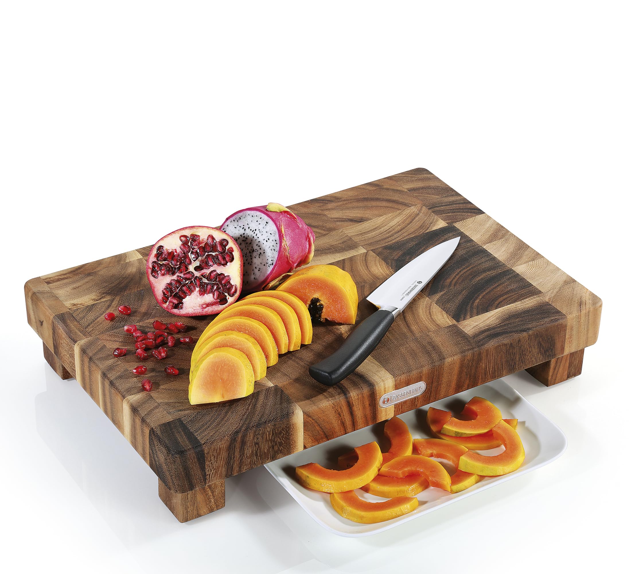 Zassenhaus Hackblock Stirnholz, 45×30×8,5 cm, Akazienholz, rutschfeste Füße | Schneidblock aus Stirnholz, messerfreundlich, für Fleisch, Gemüse und Brot, pflegeleicht, nachhaltig, langlebig