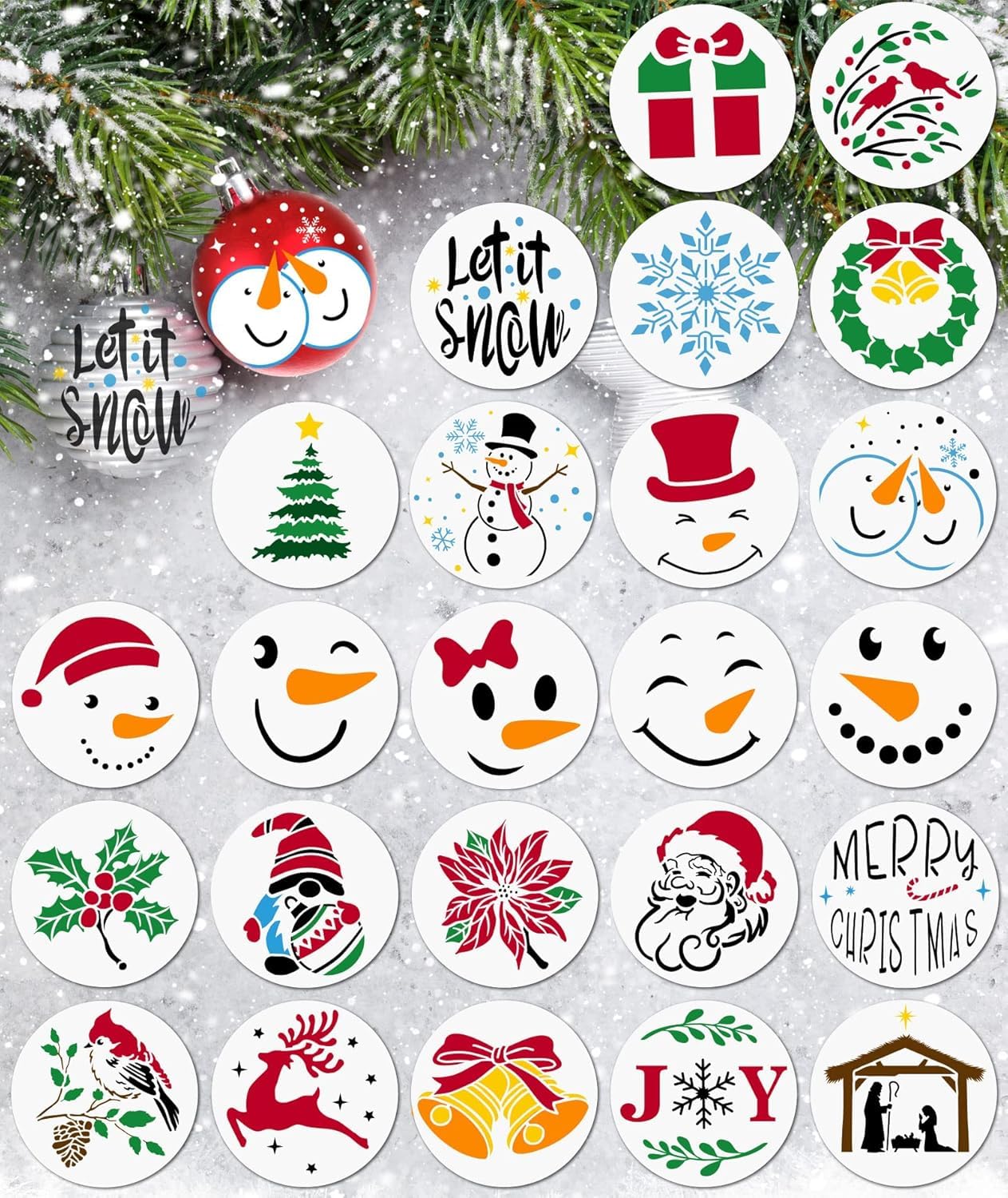 24 Pcs Small Christmas Stencils, 3x3 Inch, Reusable for Painting, Wood Slice, Holiday Cards