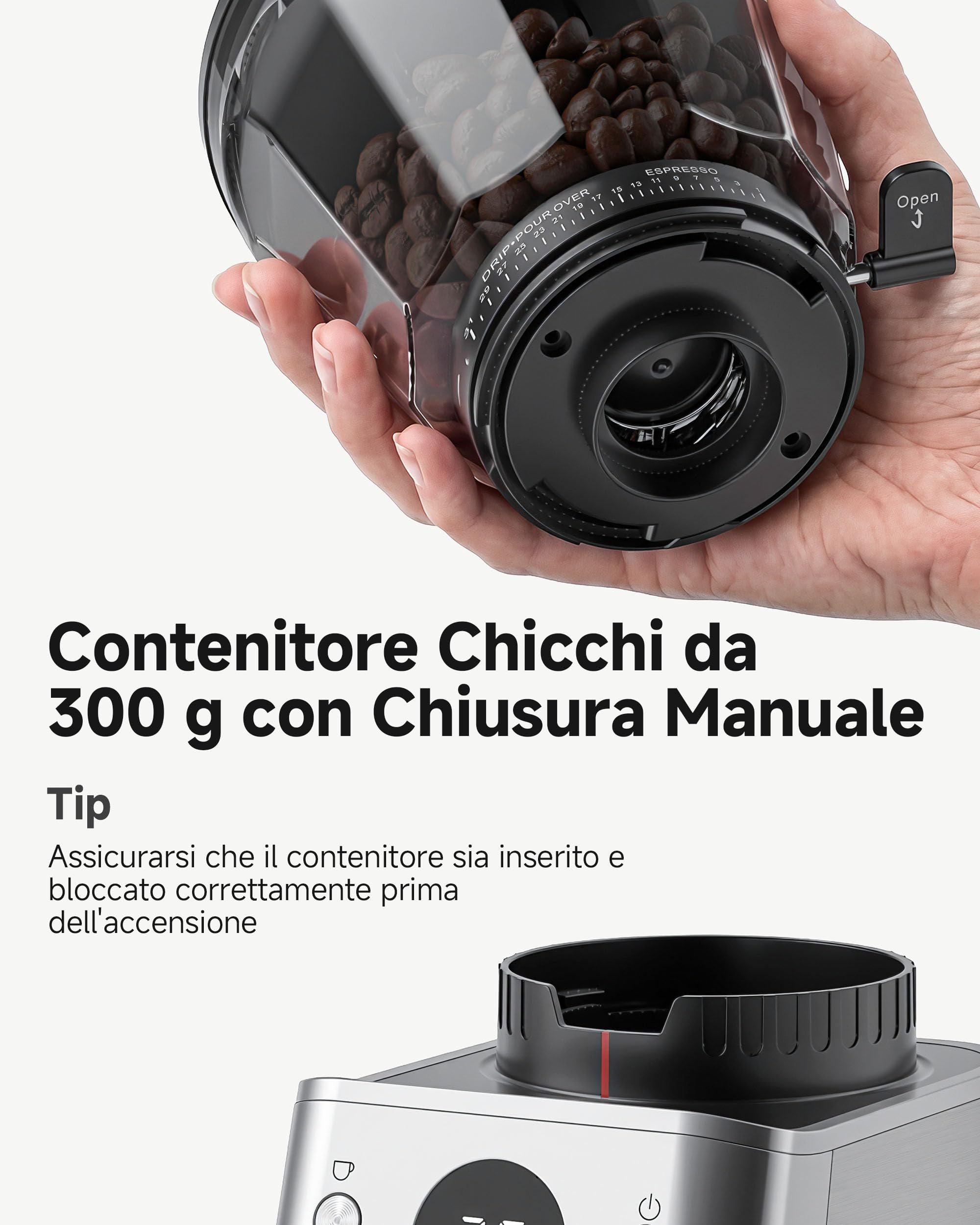 AAOBOSI Macinacaffè Elettrico, 45 Livelli, Macine Coniche in Acciaio | Sistema antistatico al plasma, memoria, timer programmabile, contenitore chicchi 300 g, per espresso e caffè filtro
