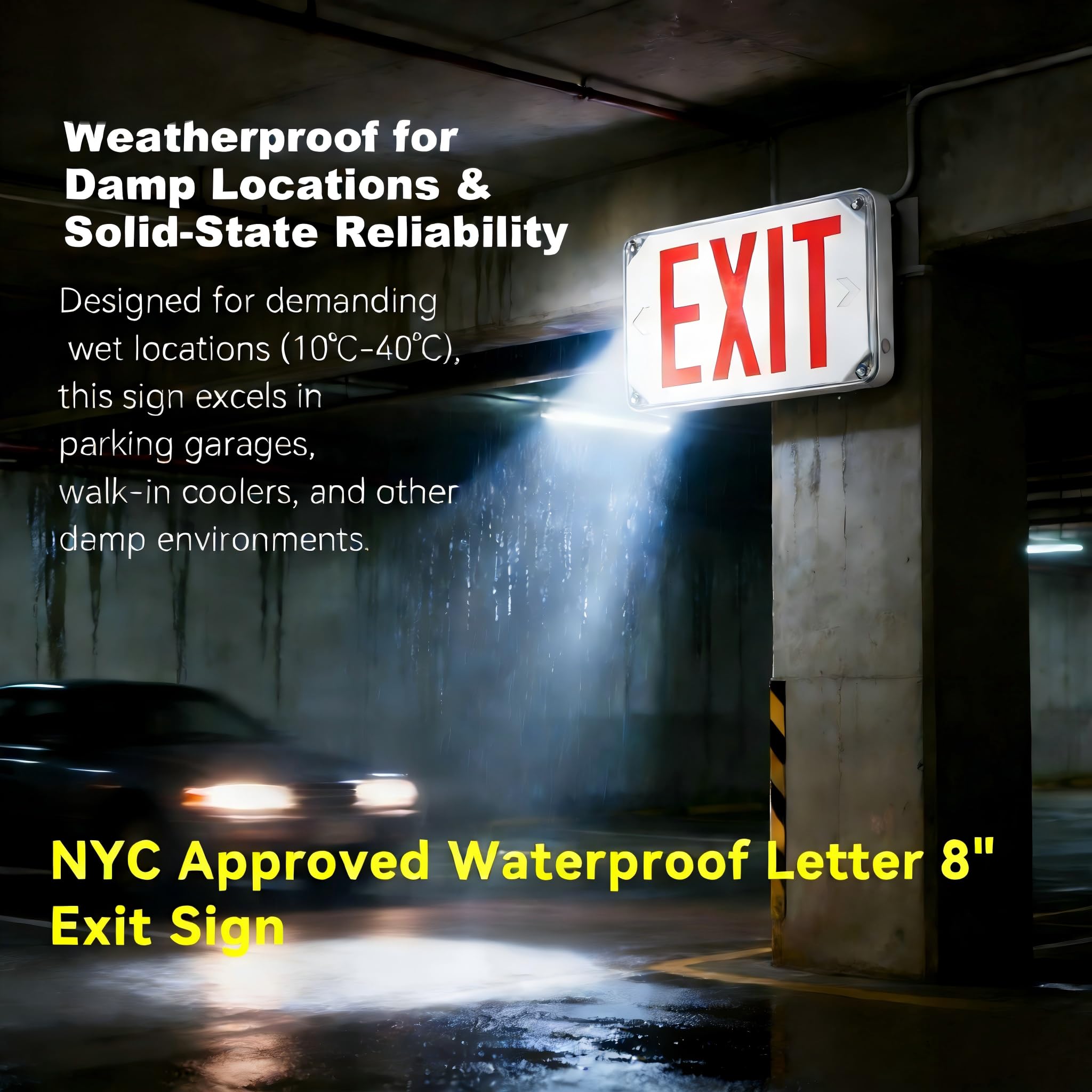 Señal de salida de emergencia impermeable aprobada por NYC con batería de respaldo, rojo, duración de 90 minutos, voltaje universal (120-277 VAC), letra de 8 pulgadas de altura, respaldo de