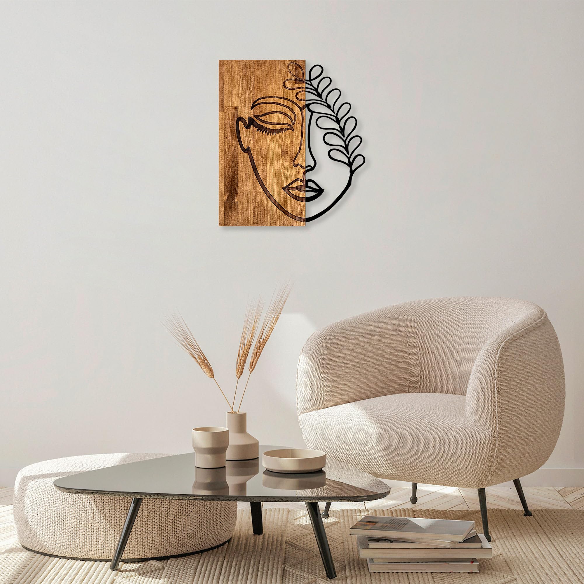 Elegant Decorative Wooden Wall Accessory, Walnut & Black, 51 x 58 cm, 50% Wood (3 cm) & Metal (1.5 mm), Unique Texture & Colour Variations