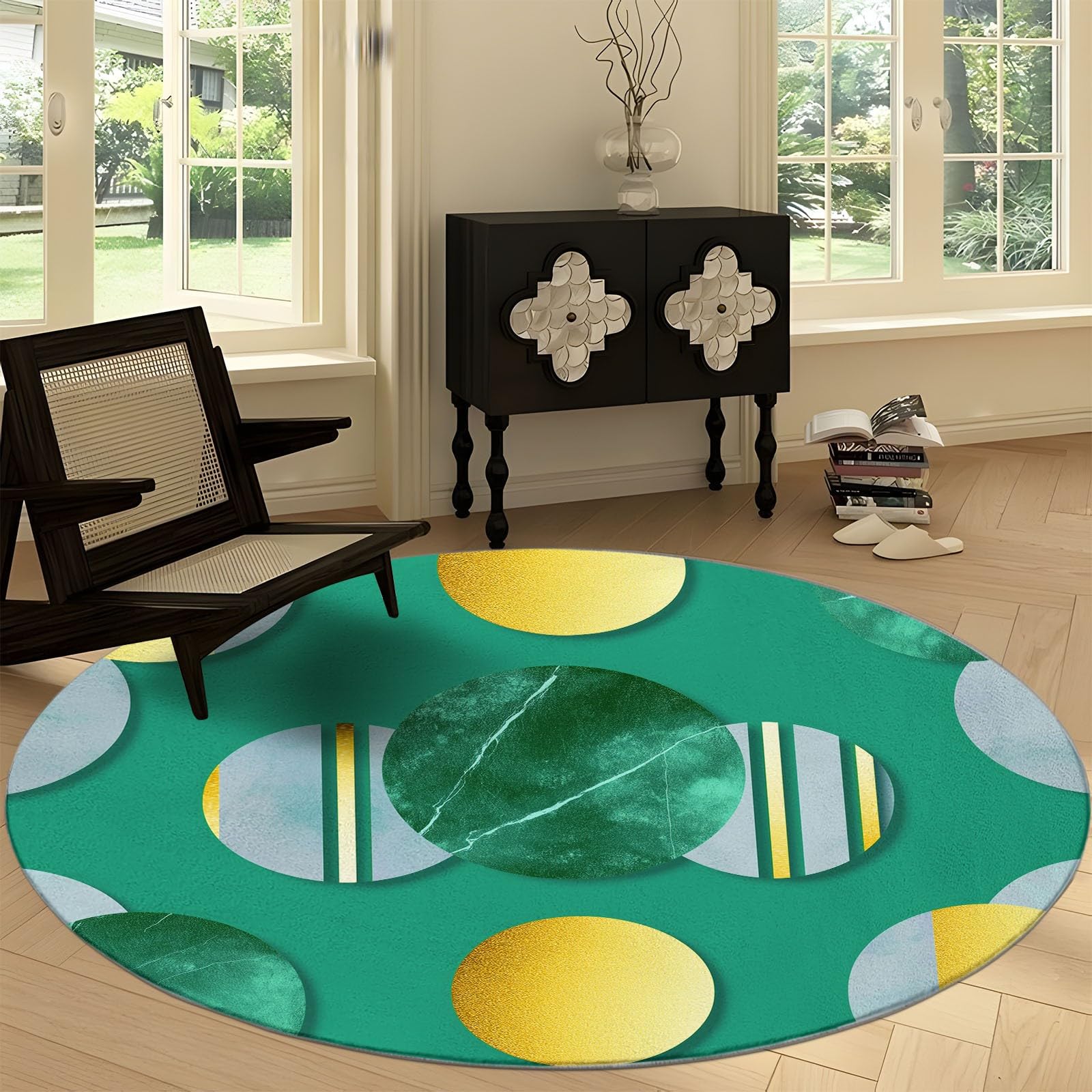 Rond Tapis Salon Vert, Moquette Rayures Géométriques en Feuille d'or — Tapis Chambre de Décoration Poil Ras Lavable en Machine Paillasson Rond Antidérapant Salle a Manger Chambre Adulte, 210 cm