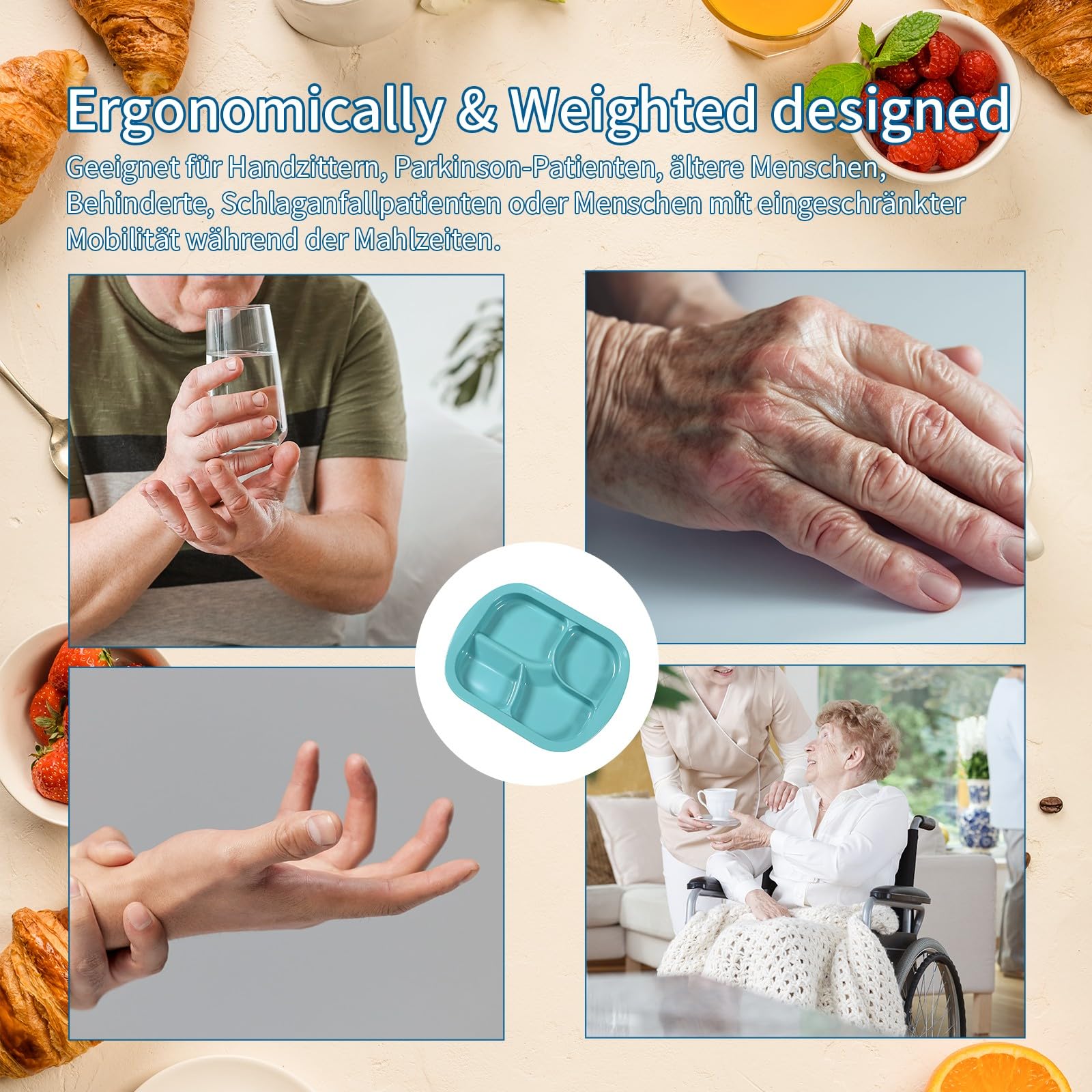 Plato de melamina antideslizante adaptativo con pared extra, cuenco de melamina a prueba de fugas para personas mayores, discapacitados/temblor de manos para autoalimentación (plato con 4