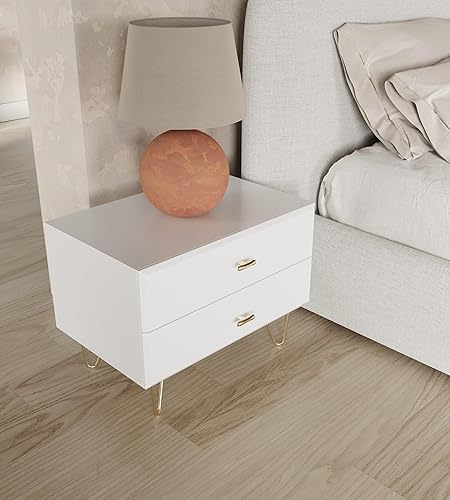 Limari Home Ferla Collection - Mesita de noche de estilo moderno con acabado brillante con 2 cajones, asas y patas de metal, blanco y dorado