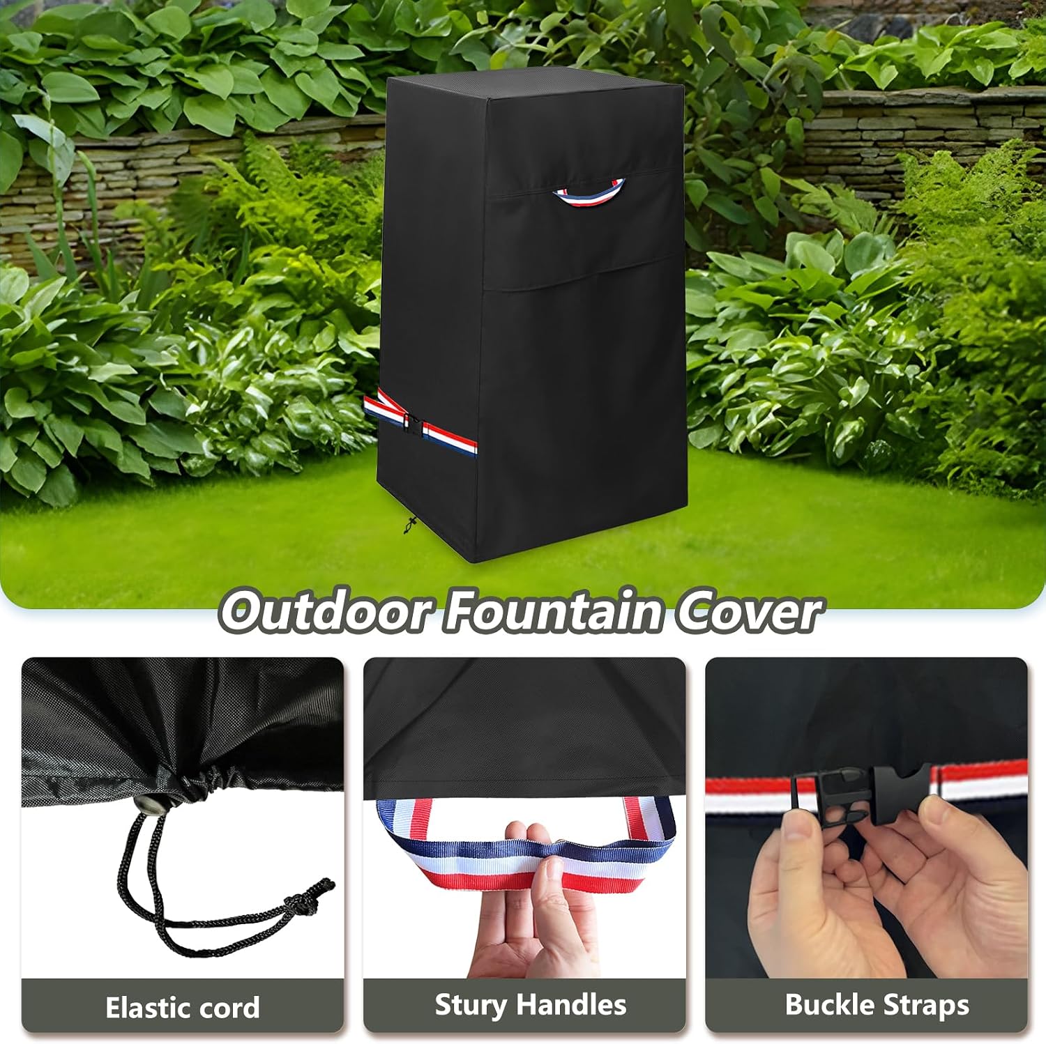 Garden Fountain Cover,Heavy Duty 600D Waterproof Dustproof Winter Fountain Cover for Cascading Bowls and Stacked Stones Water Fountain,with Zipper and Drawstring