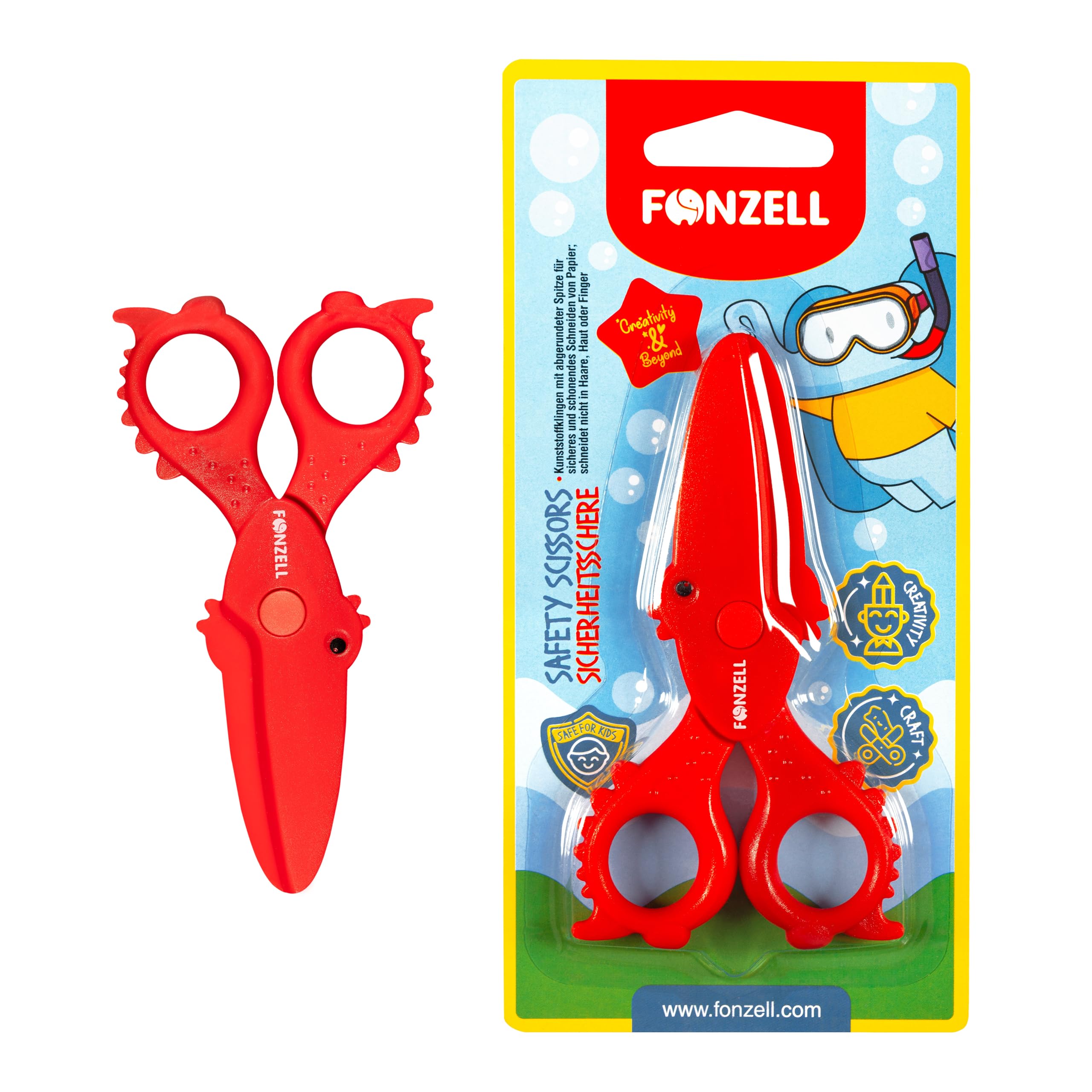 FONZELL Safety Scissors for Kids, 11.5cm Red Fish Shape, Kids Plastic Scissors Cut Only Paper CE Certified