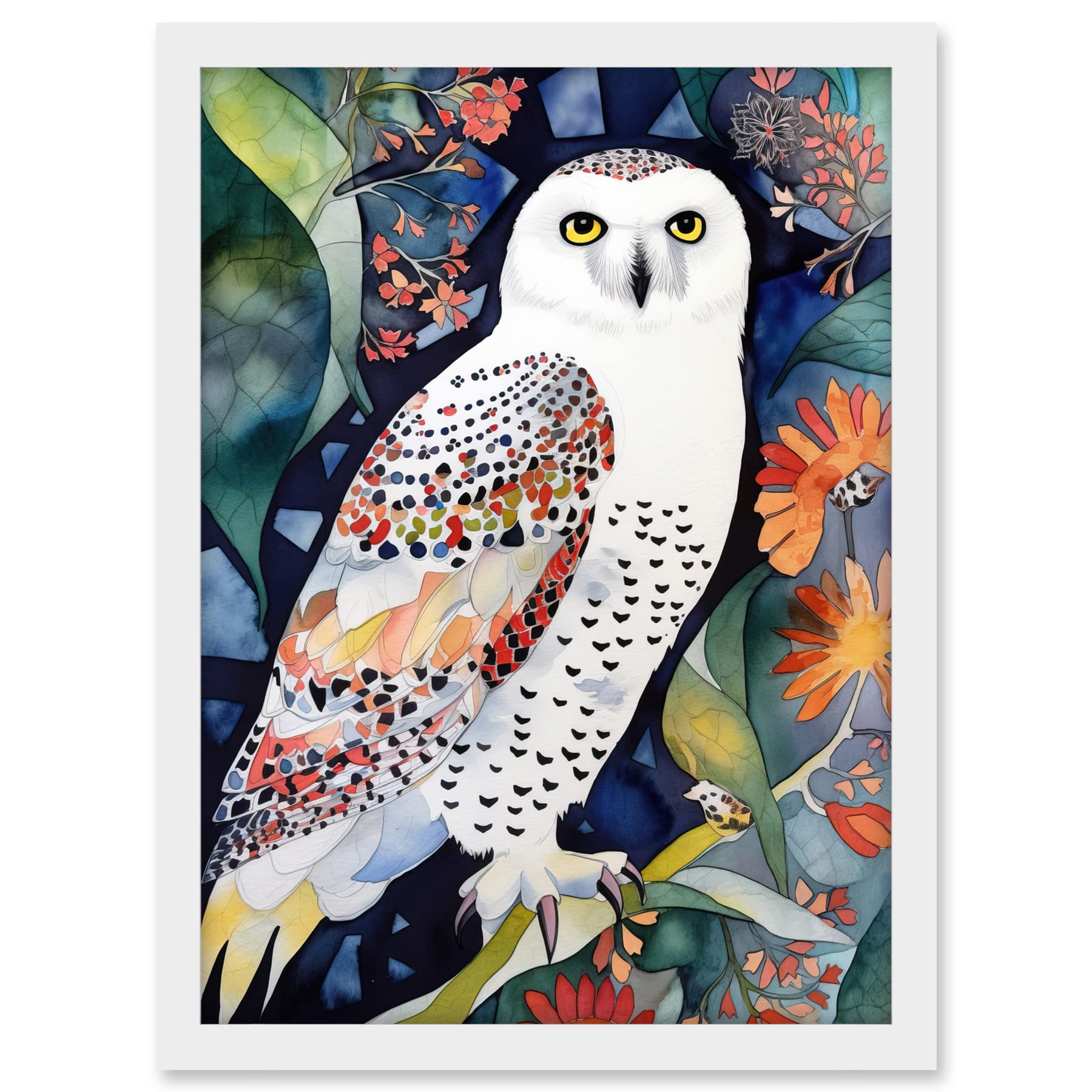 Artery8 Snowy Owl On Blooming Tree Folk Art Artwork Framed A3 Wall Art Print