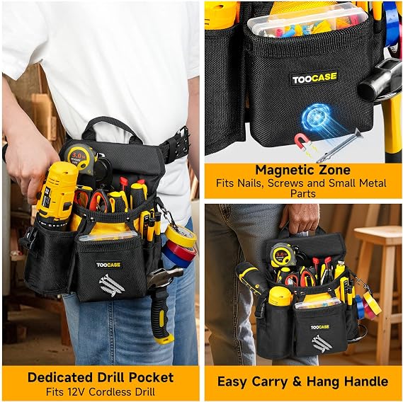 Tool Bag 15 Inch+Tool Belt Pouch (Black&Yellow),Tactical Range Tool Tote Bag,18-Pocket Magnetic Tool Pouch with Drill Holster,Tool Belt with Handle for Electrician Carpenter Construction Worker HVAC