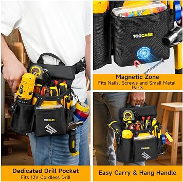 Tool Bag 15 Inch+Tool Belt Pouch (Black&Yellow),Tactical Range Tool Tote Bag,18-Pocket Magnetic Tool Pouch with Drill Holster,Tool Belt with Handle for Electrician Carpenter Construction Worker HVAC
