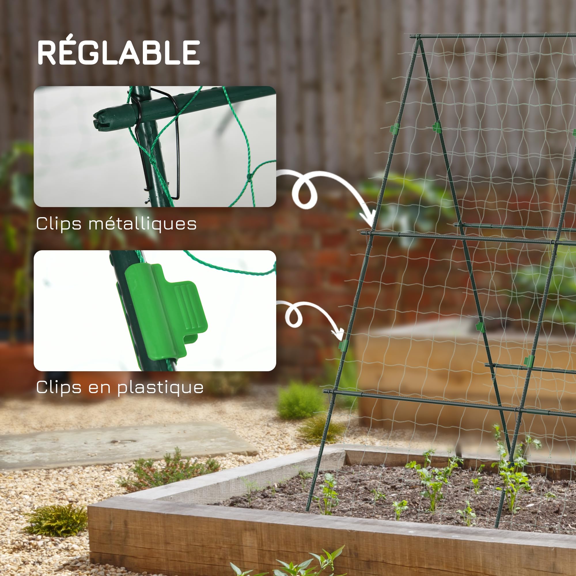 Outsunny Treillis de Jardin Support pour Plantes Grimpantes Forme A Vert | en Acier, 3 Niveaux avec Hauteur Réglable, Tuteur de Concombre, Tomates