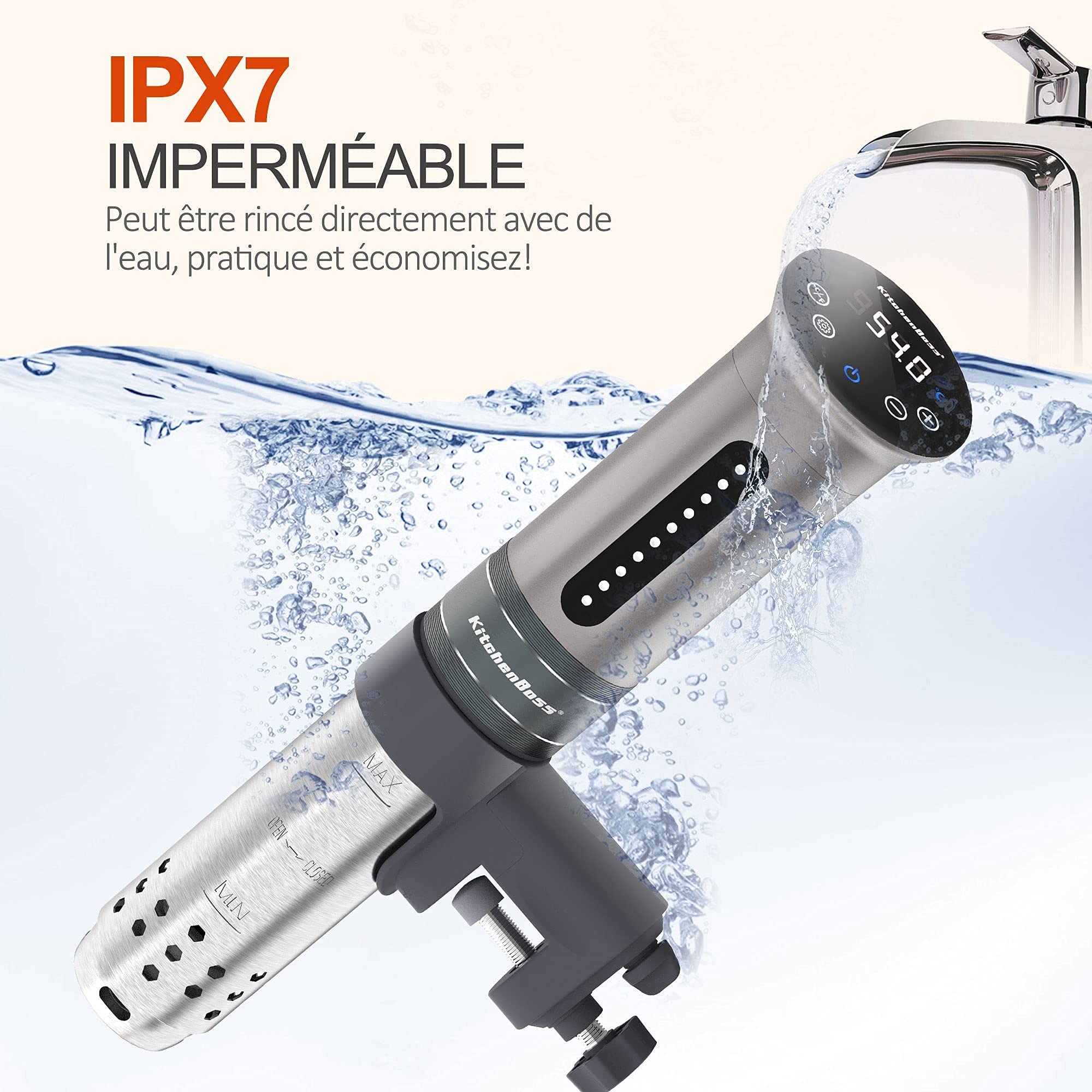 KitchenBoss Cuiseur Sous Vide,1100W, IPX7 Imperméable à l'eau,Calculateur d'Immersion de Cuisinière,Thermostat Réglable pour un Contrôle Précis de la Température