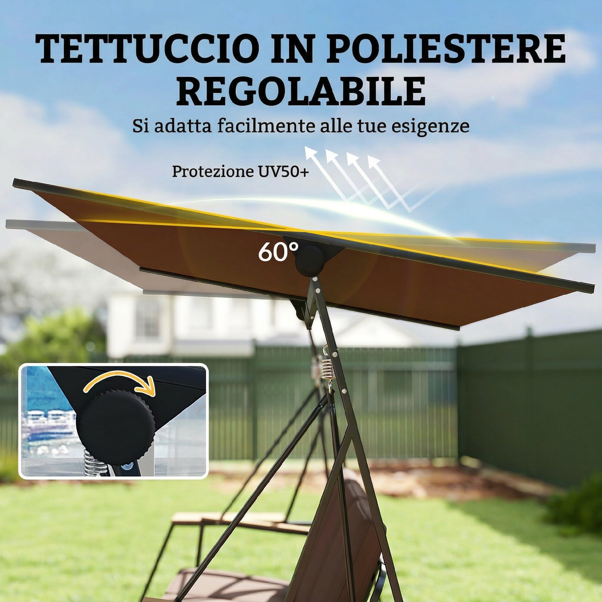 Outsunny Dondolo da Giardino 3 Posti con Tettuccio Regolabile, Dondolo da Esterno in Metallo con 2 Vassoi, Cuscini Imbottiti, Portata 360kg, per Terrazzo Balcone, UV50+, 222x131x175 cm, Marrone