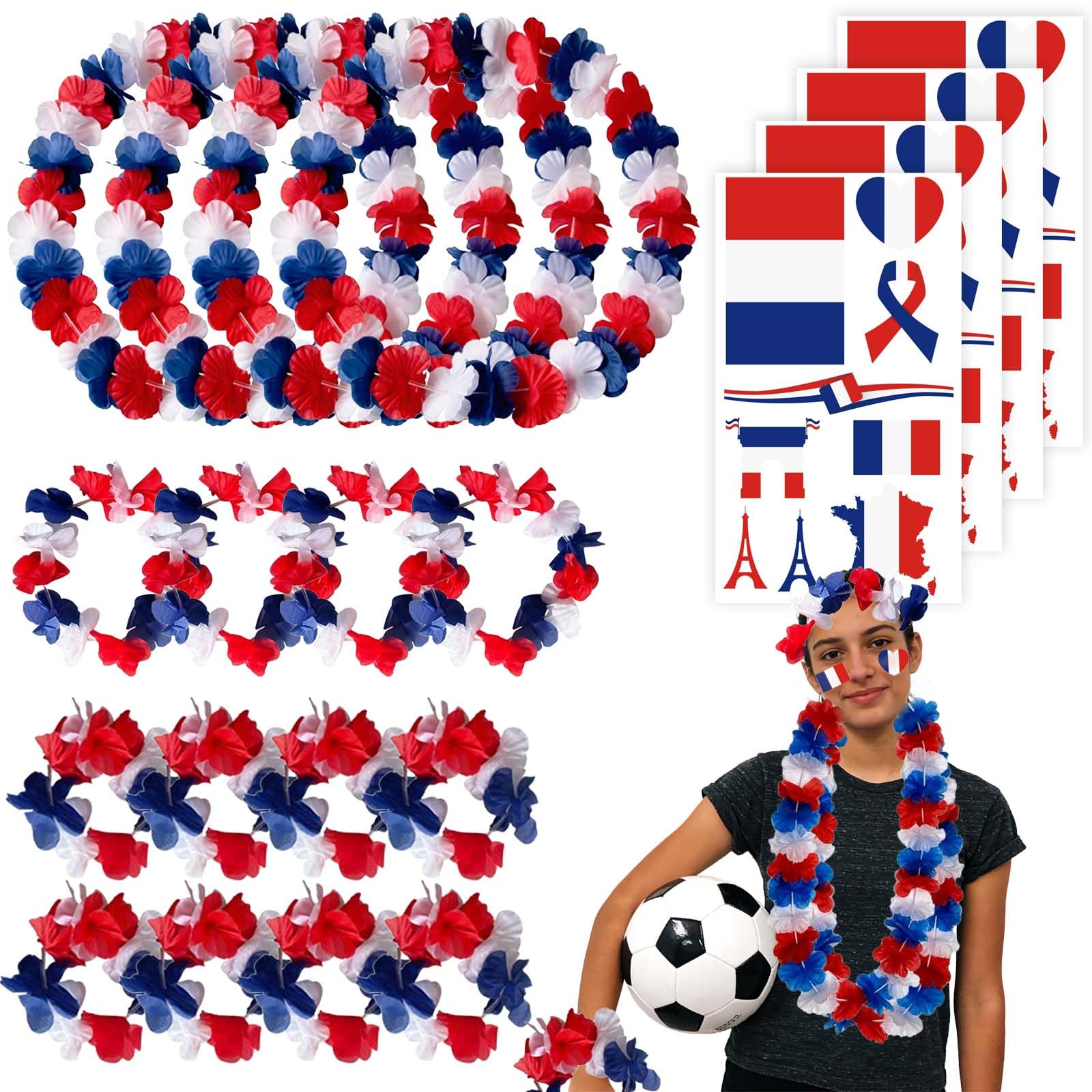 Pack of 20 French Fan Item Flower Chain, Hawaiian Fan Set France: 4 x Chains, 4 x Headbands, 8 x Bracelets & 4 x Stickers France Euro Football Euro Fan Photo Props Flower Chain