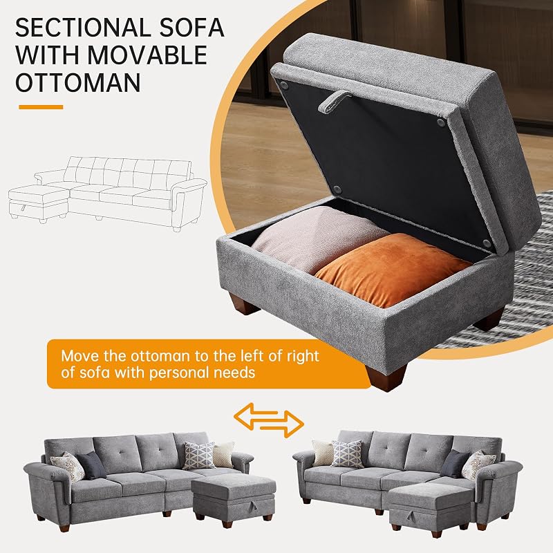 Soscana 108'' L Shape Sectional Sofa, 4 Seat Fabric Couch for Living Room image 6