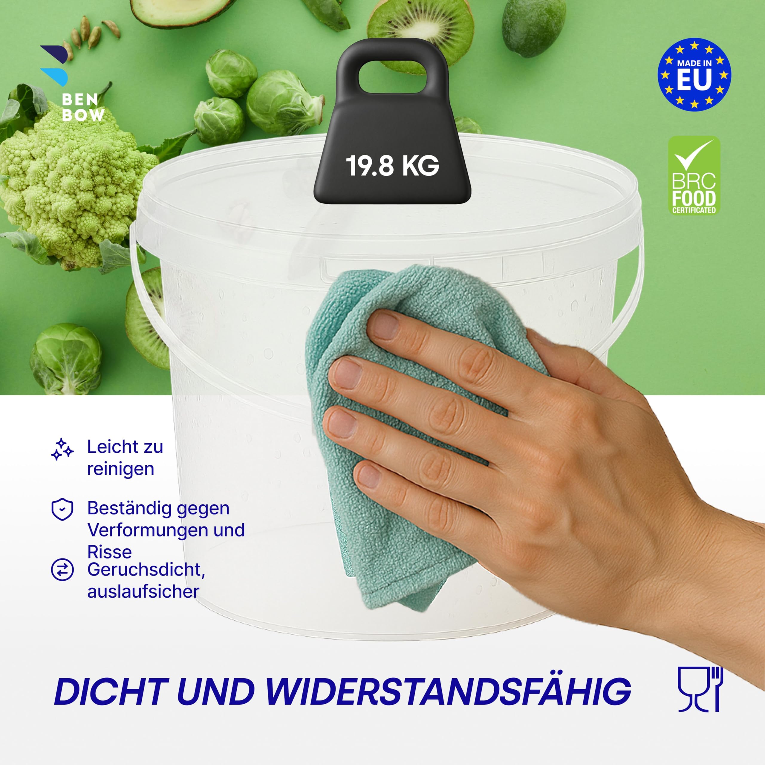 BenBow Eimer mit Deckel 5l transparent 10x 5 Liter - lebensmittelecht, stabil, luftdicht - Plastikeimer mit Henkel - leer