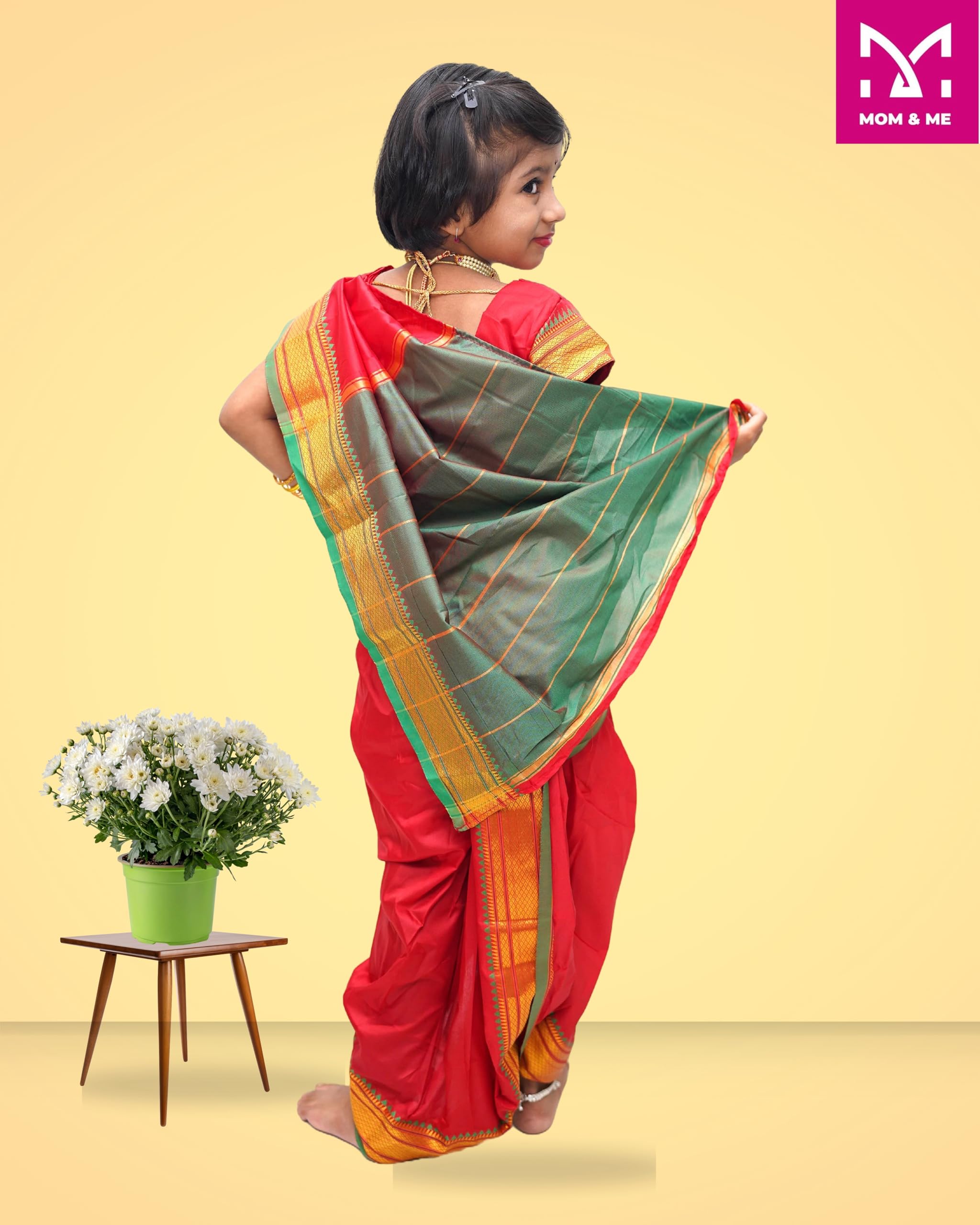 Mom and Me Nauvari Saree for Girls/Baby Girl, Ready to Wear, Marathi Maharashtrian Traditional Saree, Festival Outfit for Puja, Ganpati Festival, School Programs stitch Blouse (Red, 9-10 Years) - Image 2 thumbnail
