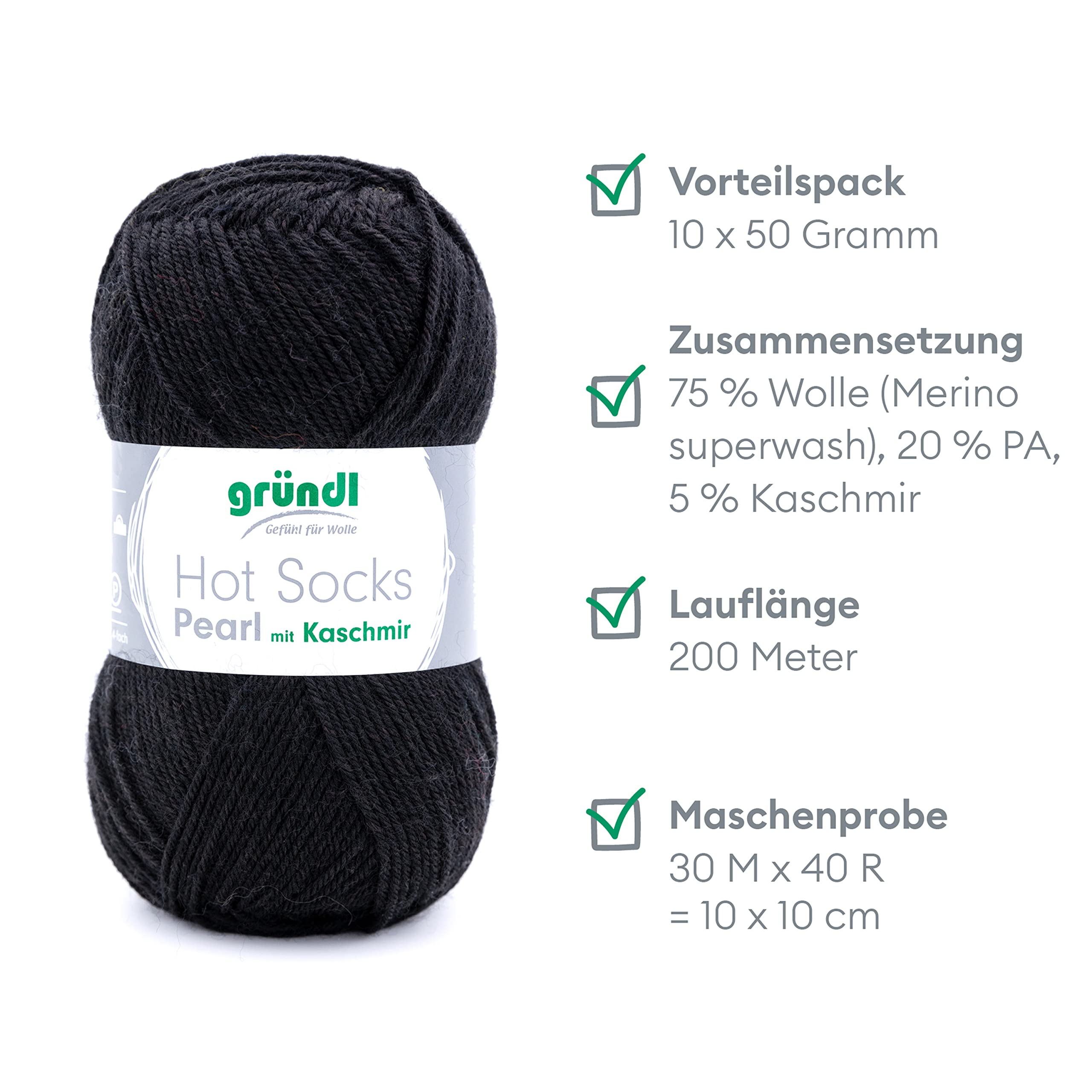 Gründl Hot Socks Pearl uni Strickwolle 10 x 50 g, schwarz | kuschelig weiche Sockenwolle aus 75 % Merinowolle 20 % Polyamid, 5 % Kaschmir, 50 g / 200 m, Nadelstärke: 2,5 - 3, 50 g