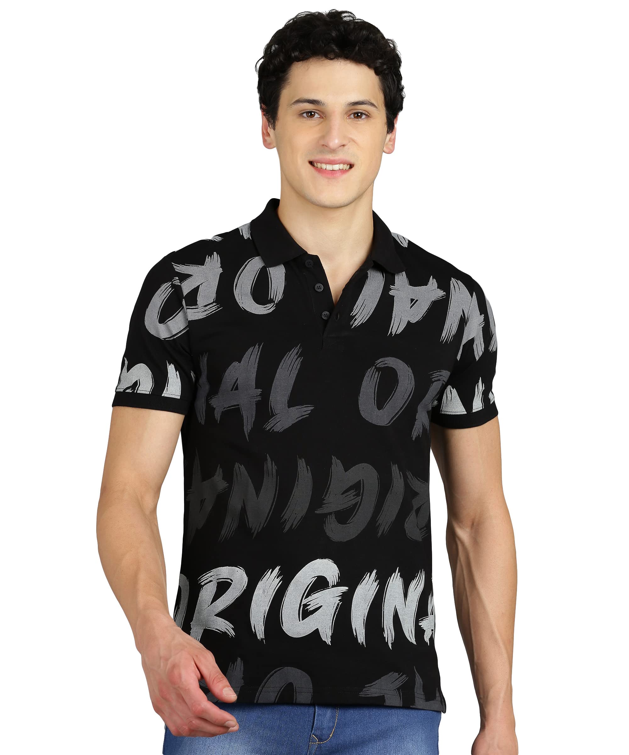 Alan Jones ClothingMen's Cotton Slim Fit Printed Collar Neck Polo T-Shirt