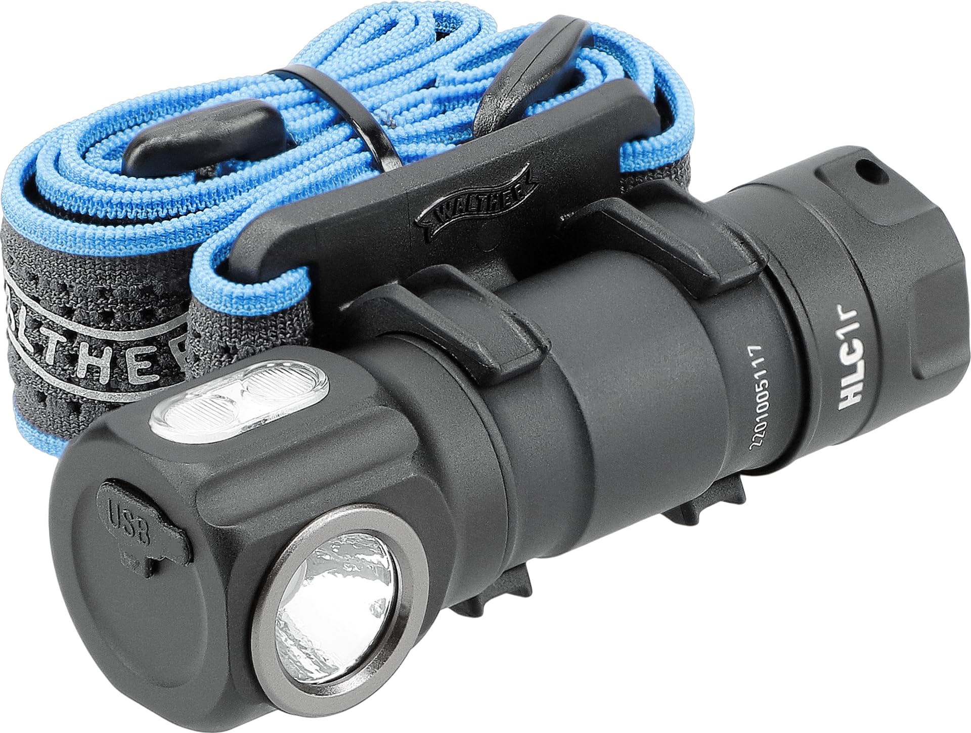 Walther HLC1r Stirnlampe, Wiederaufladbar, USB Kopflampe, IPX6 Wasserdicht, inkl. Akku 18350, Ladekabel, MOLLE-Clip, Handschlaufe und Ersatzdichtung