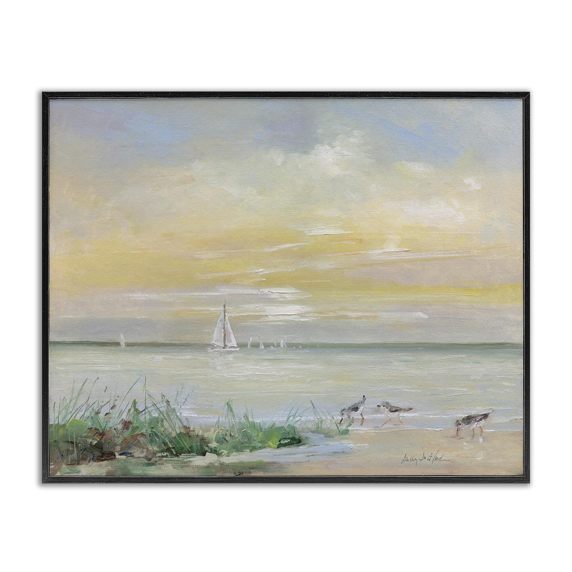 Stupell Industries Midnight Black (Textured) Sailboats Sanderlings Shoreline, 16 X 20 Inch Framed Giclée Print