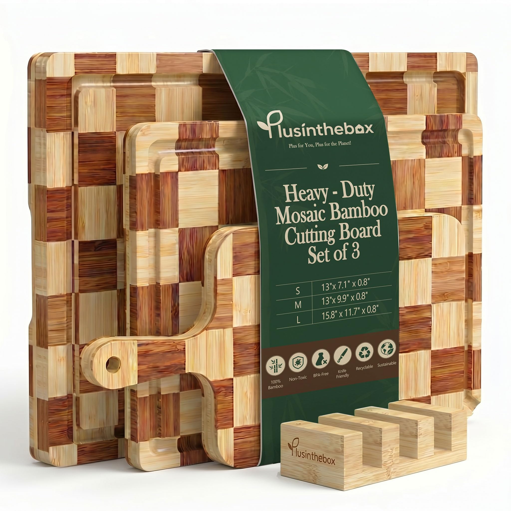 Cutting Board Set of 3 with Holder Checkered Cutting Boards for Kitchen | Countertop Worthy Heavy Duty Butcher Block Style Chopping Boards For Prep Serving Charcuterie and Storage