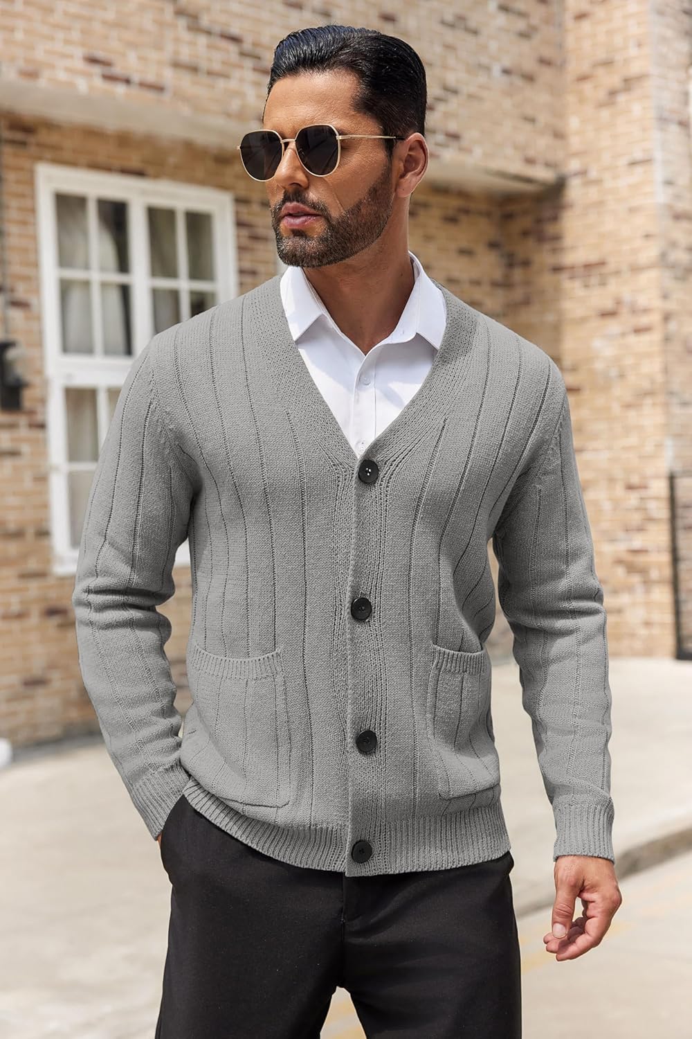 COOFANDY Men's Cardigan Sweater Cable Knit V Neck Button up Sweaters Ribbed Cardigan Sweater with Pockets - Image 2