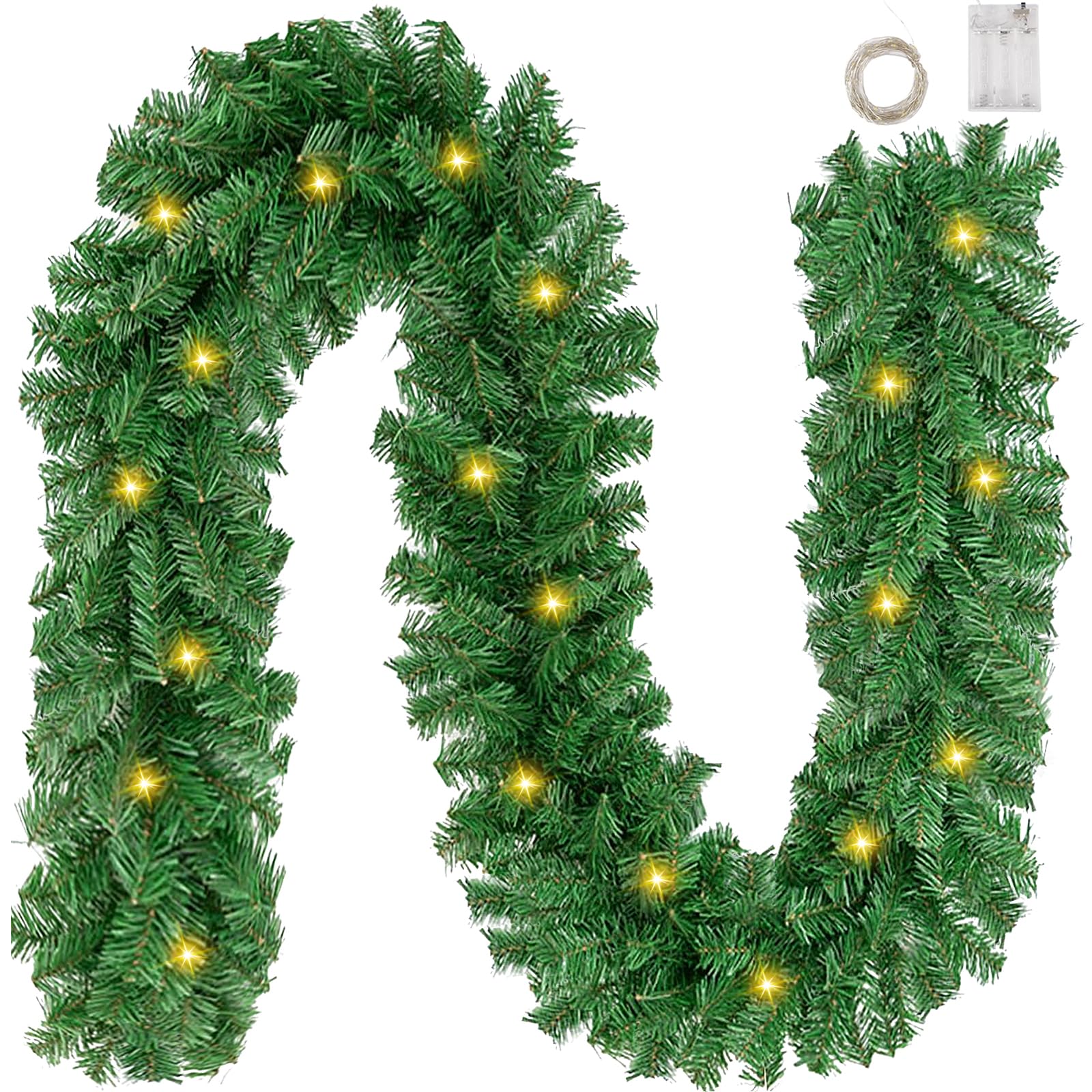 8.8Ft Christmas Garland with 9.5FT LED String Lights Artificial Pine Garland Christmas Wreath Mantle Decoration for Outdoor Indoor Christmas Decorations