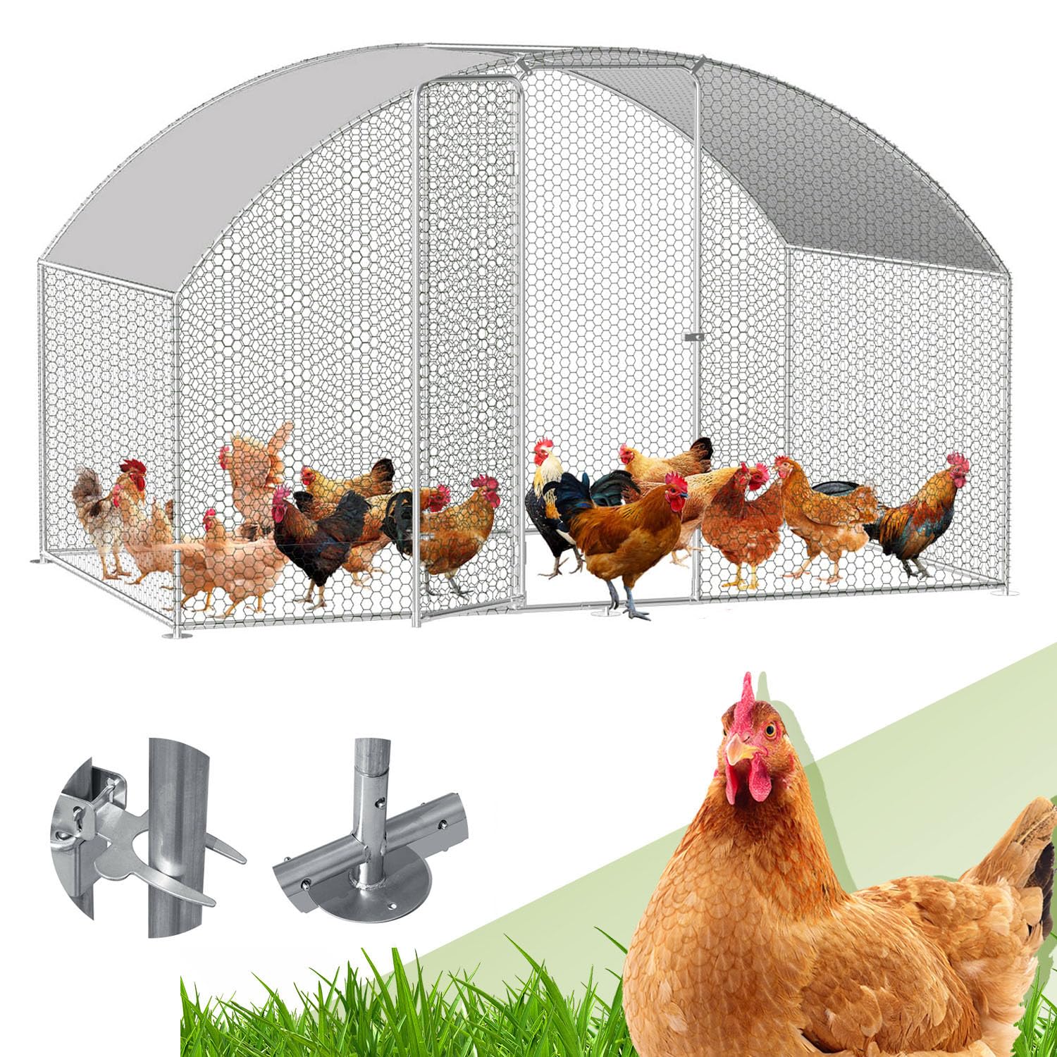 Randaco Recinzione per pollaio, 3 x 2 x 2 m, in acciaio zincato, Dome Roof, con panno impermeabile in polietilene e serratura, per polli, piante di piccoli animali, veloce da pulire