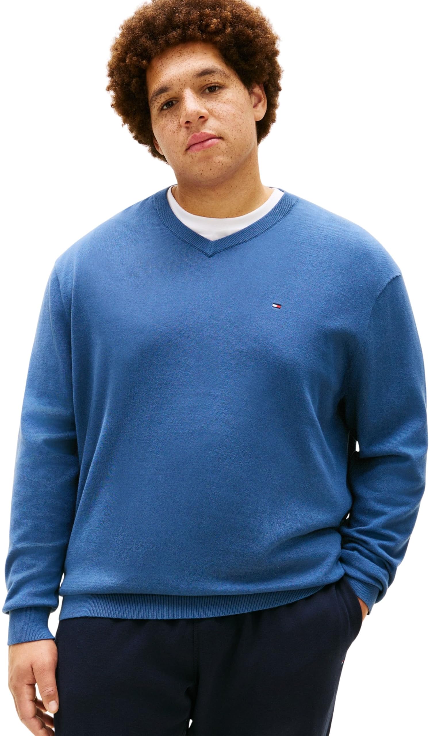 Tommy Hilfiger Jersey Hombre Essential Cotton con Cuello de Pico, Azul (Aegean Sea), XXL