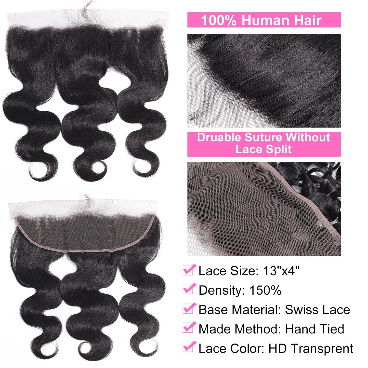 Sexycat Body Wave Bundles with 13x4 HD Lace Frontal Human Hair 16 18 20+14 Inch 100% Unprocessed Brazilian Virgin Hair Extensions Weave Weft Bundles with Lace Frontal - Image 2